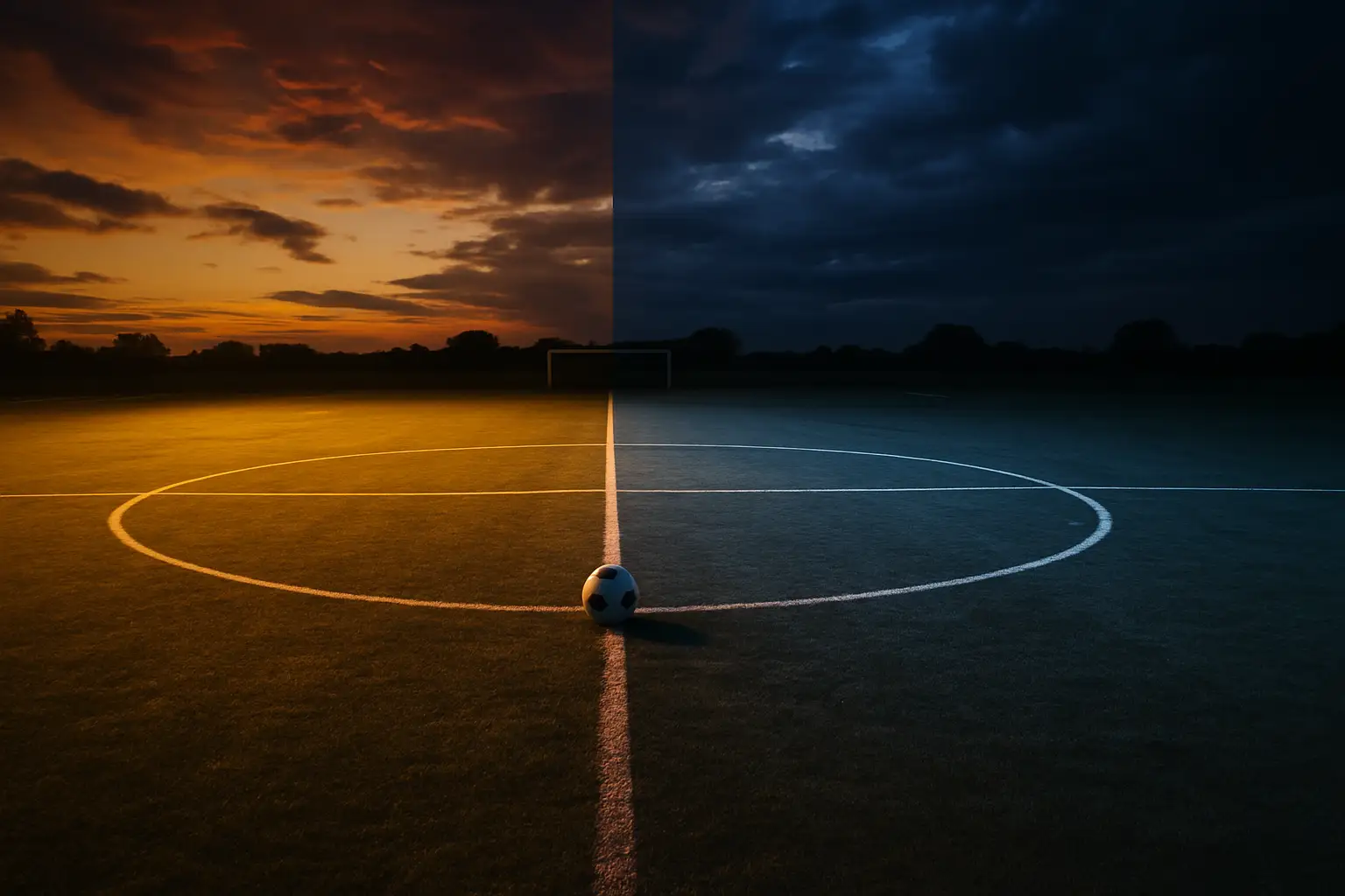 Two opposing football governance figures facing off across a divided football pitch symbolizing the FIFA-UEFA conflict