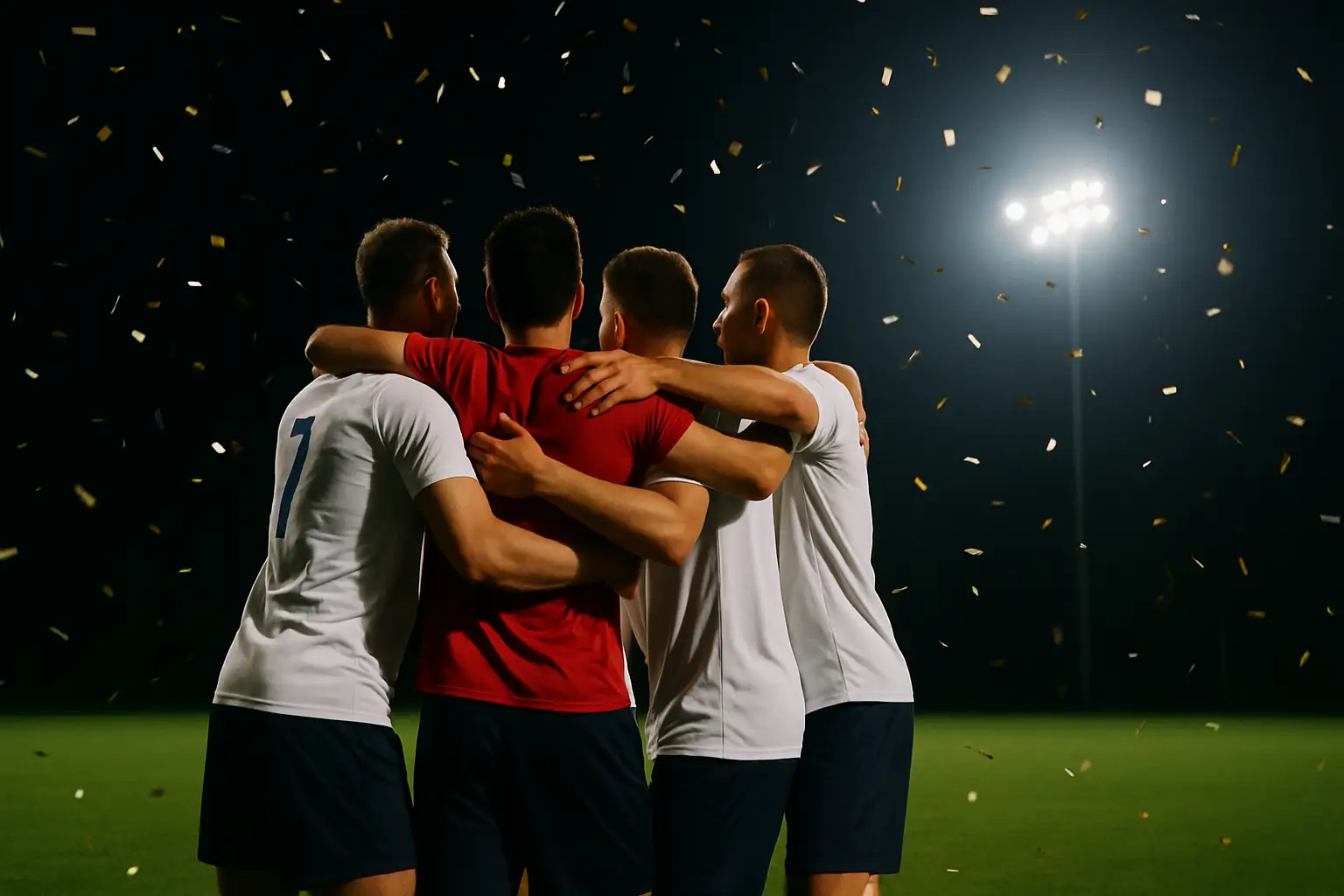 Underdog football players celebrating a shock World Cup victory on the pitch