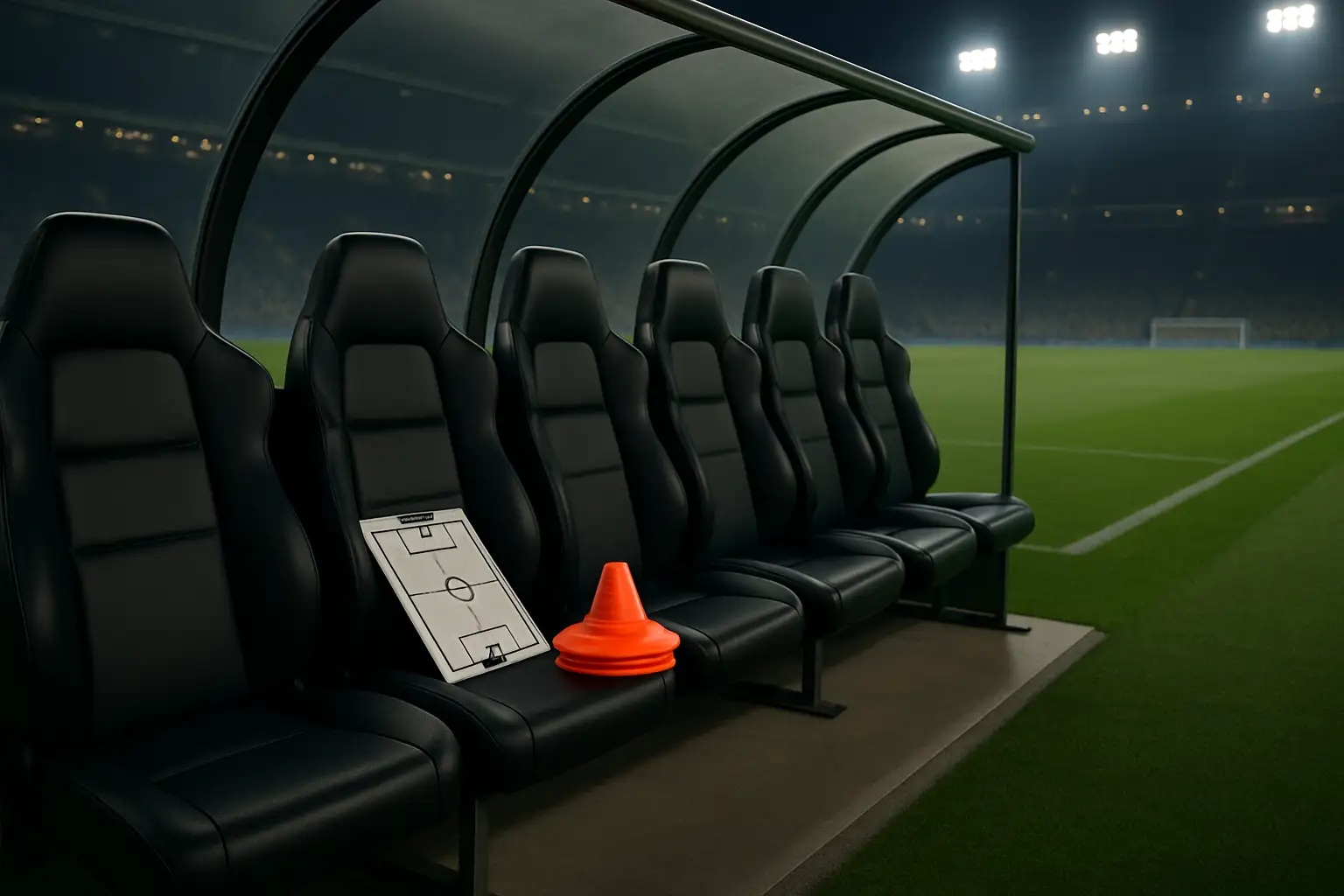 An empty football coach's bench on an international stadium sideline