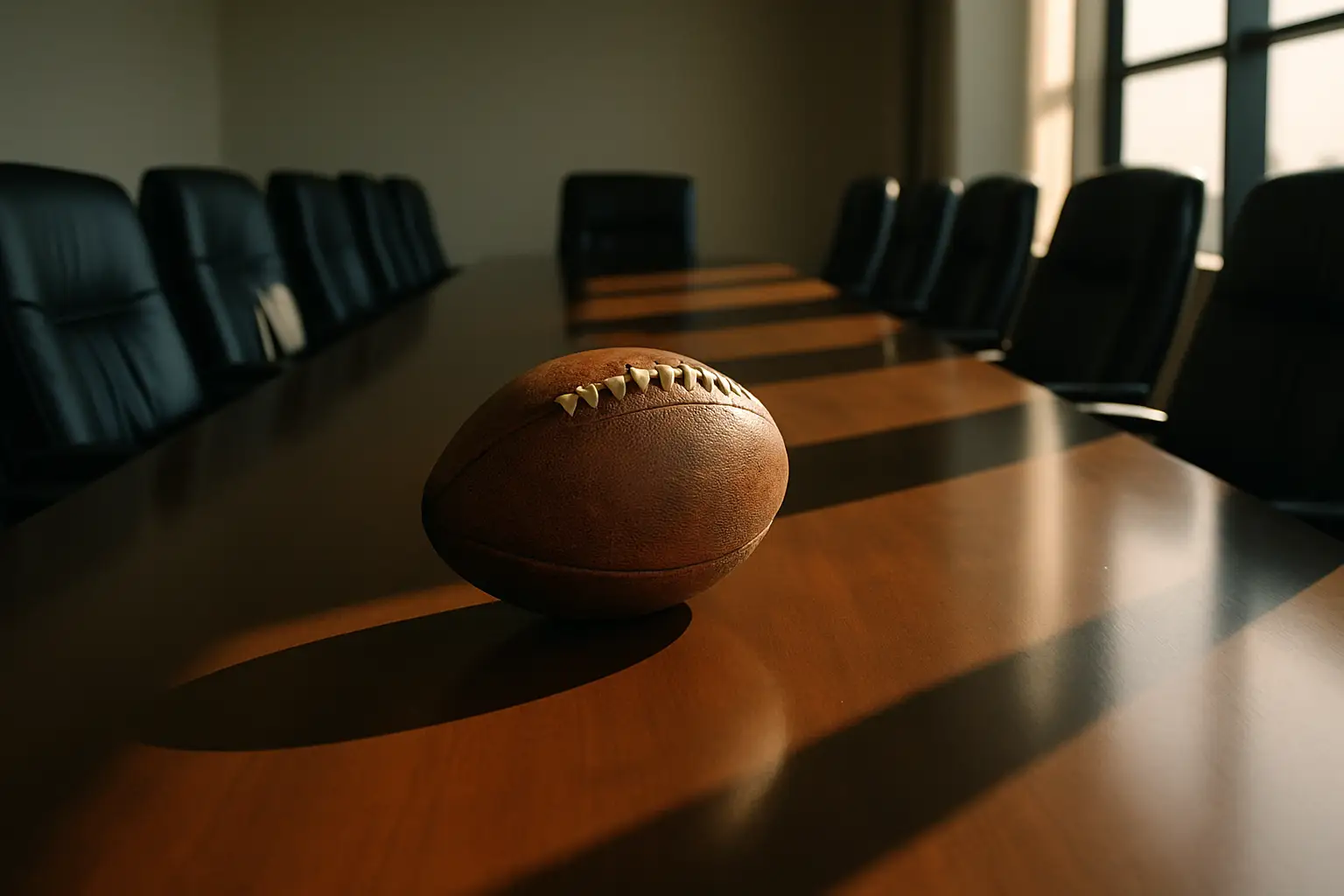 A football resting on a polished boardroom table surrounded by empty chairs