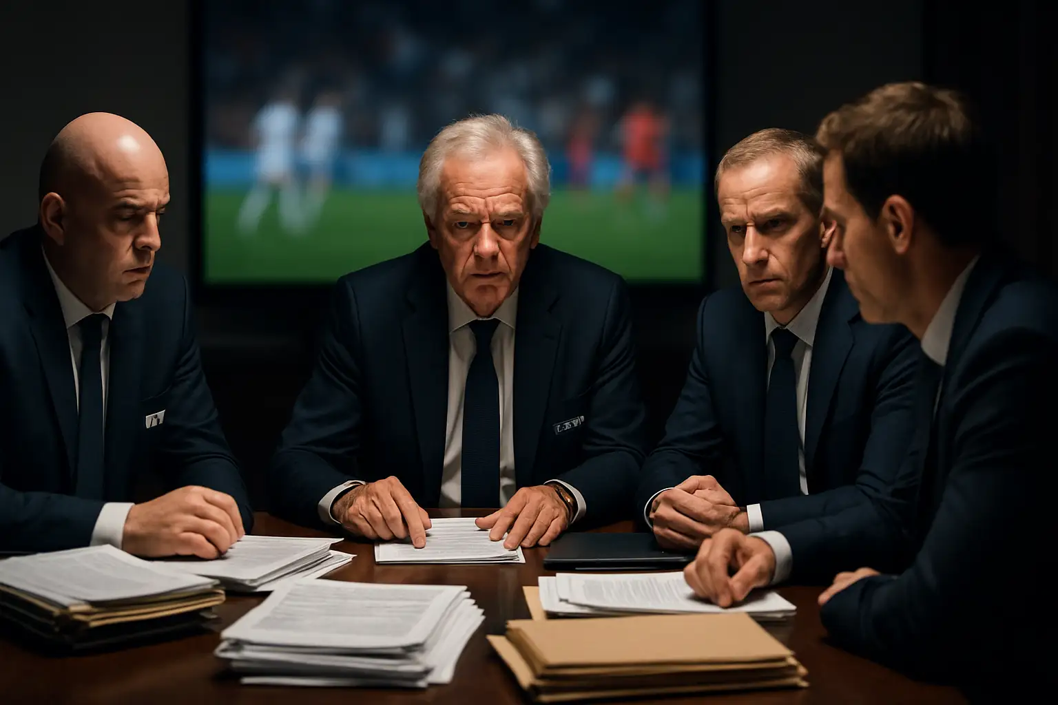 Football officials in a conference room reviewing documents related to an international complaint