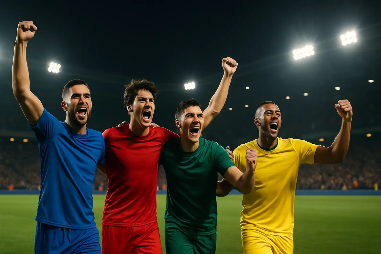 Football players celebrating a World Cup qualification on the pitch at night under floodlights