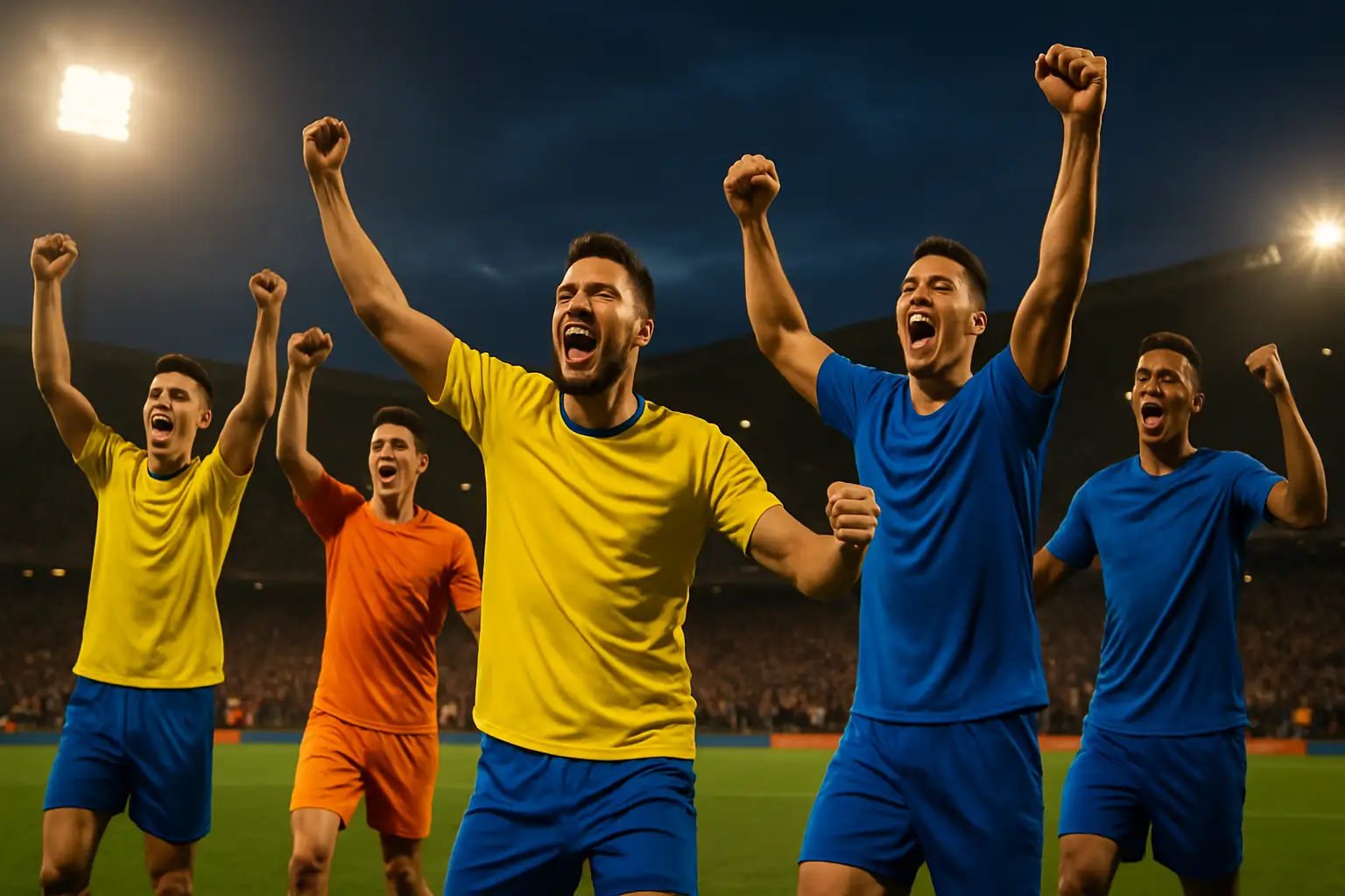 Football players celebrating a goal during a World Cup group stage match