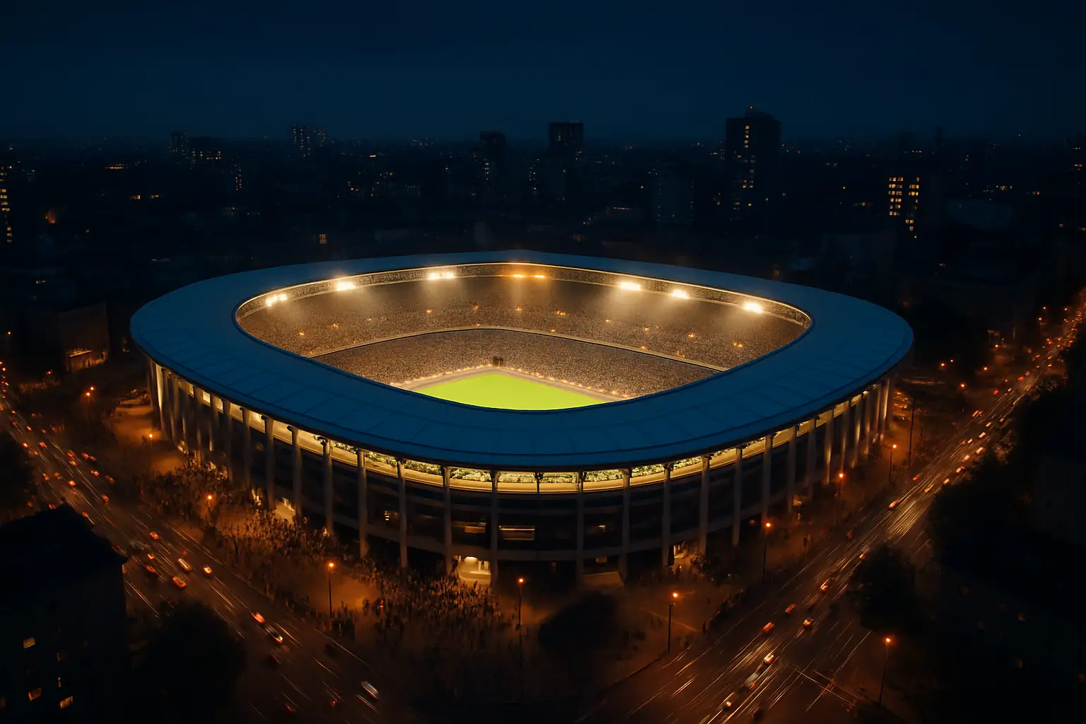 Aerial view of a packed football stadium in North Texas at night with bright floodlights