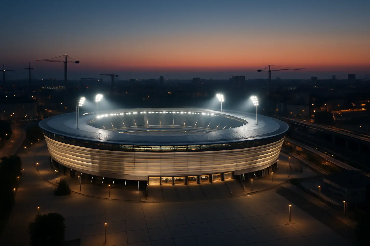Aerial view of a large modern football stadium surrounded by urban infrastructure at dusk