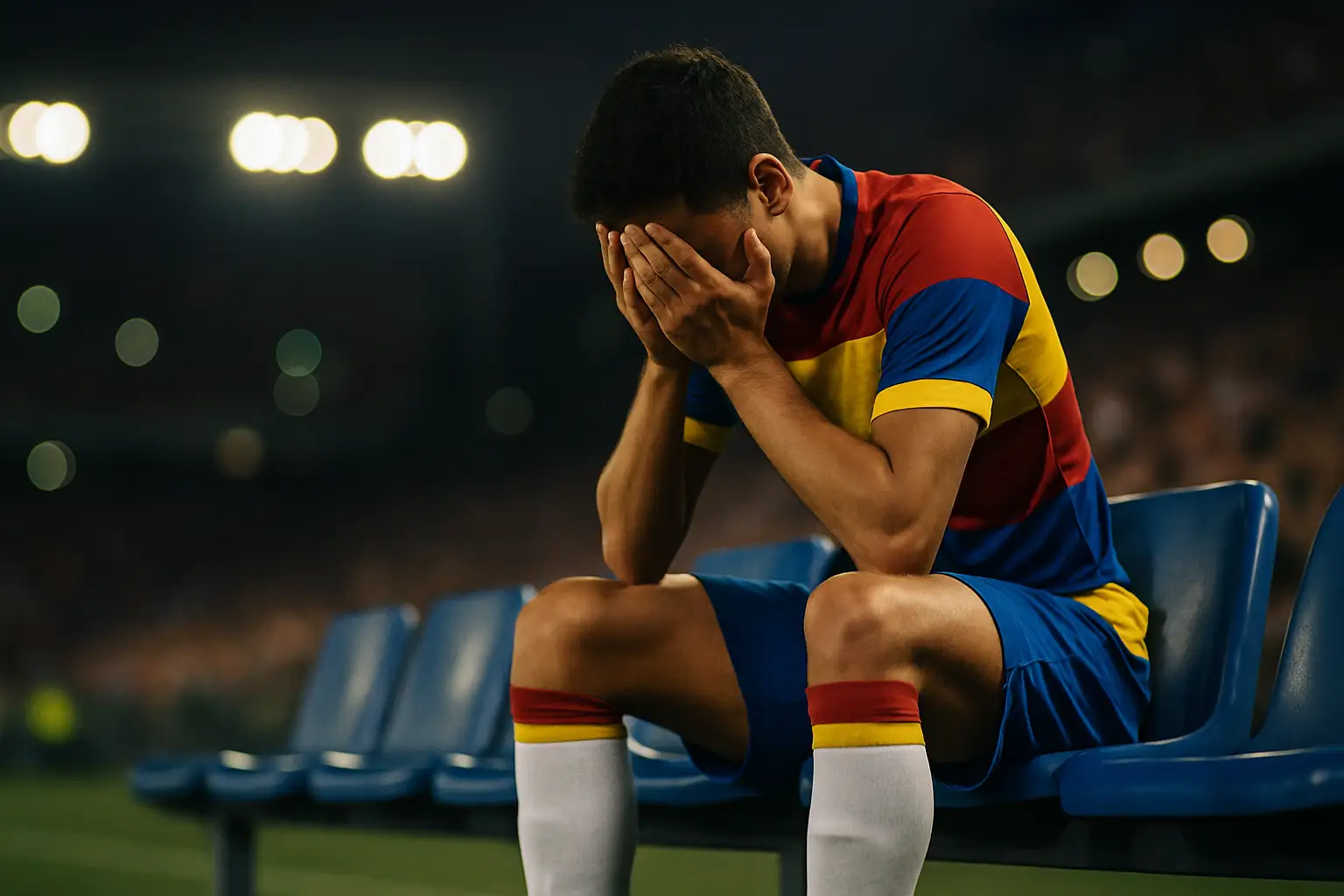 A footballer sits on the sideline bench in visible distress, head in hands, while teammates and staff look on during a major tournament match