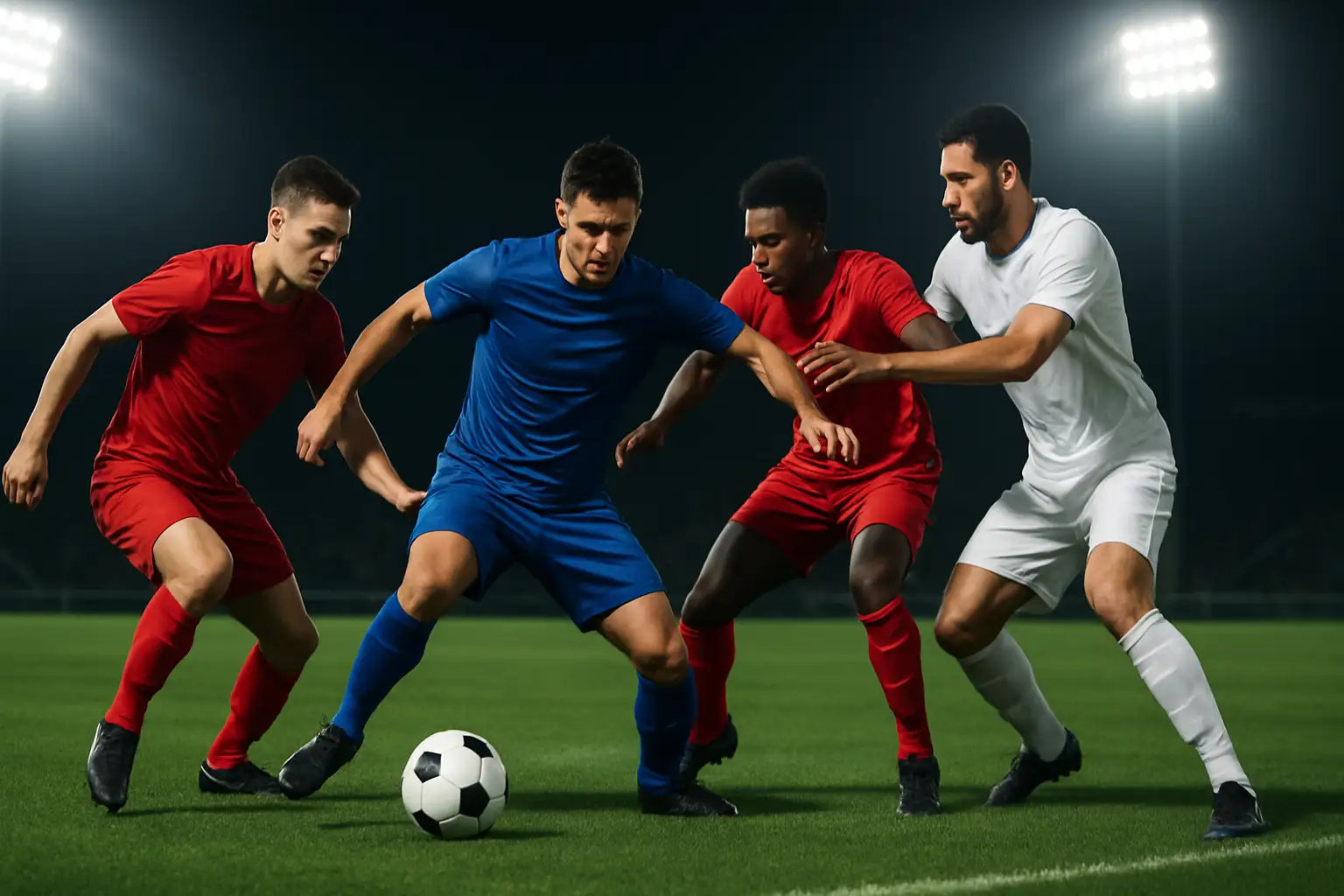 Soccer players competing on a rain-slicked pitch under floodlights during an intense late-game moment