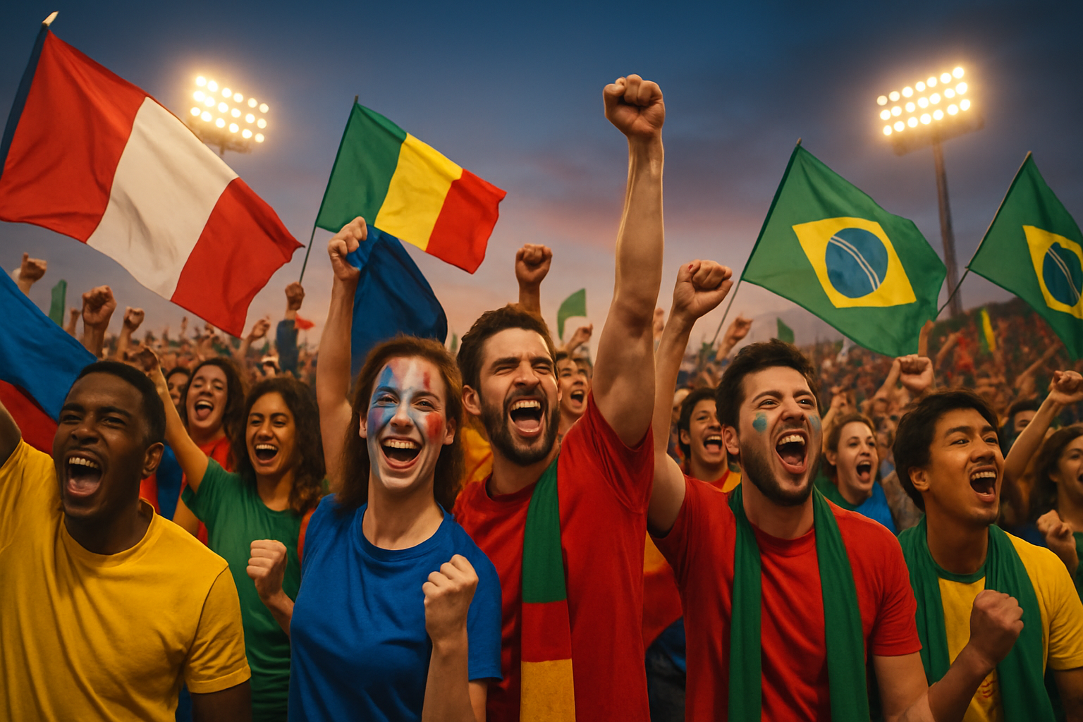A crowd of World Cup football fans in national colours, celebrating with flags and painted faces in a packed stadium