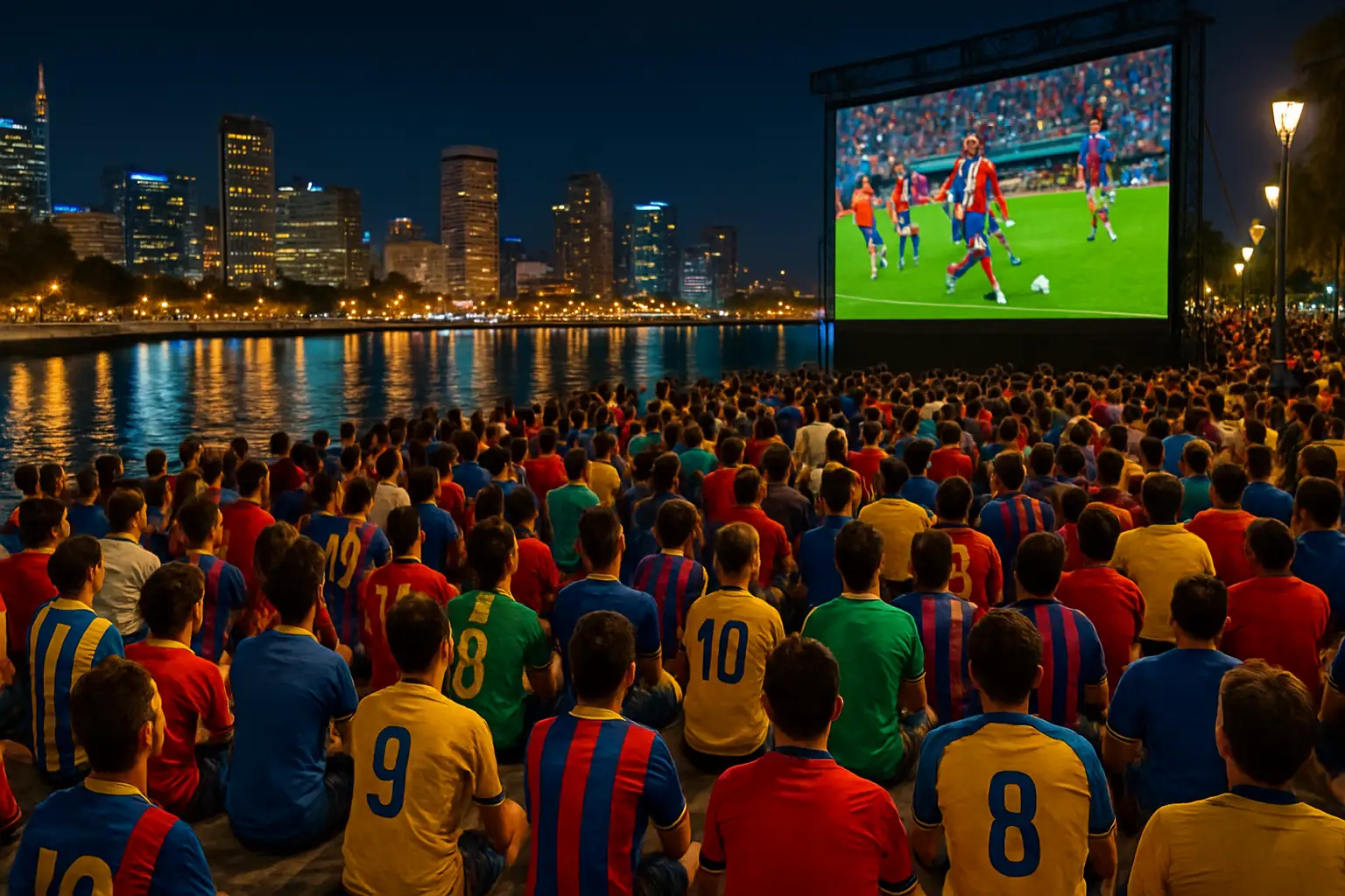 Crowds of football fans gathered at a waterfront esplanade at night during the World Cup