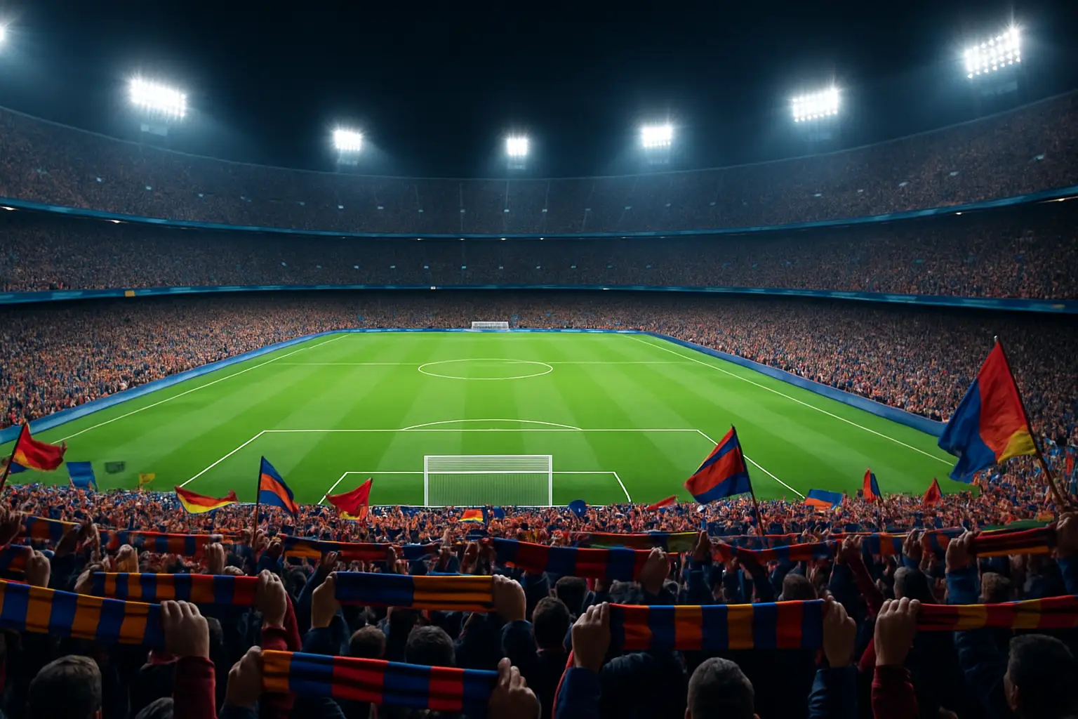 Crowd of football fans holding scarves and flags under stadium floodlights at night