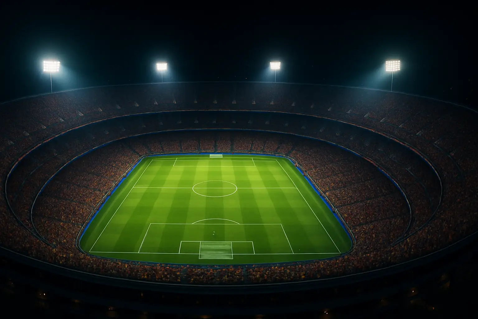 A packed stadium at night during a World Cup final with colorful fan displays in the stands