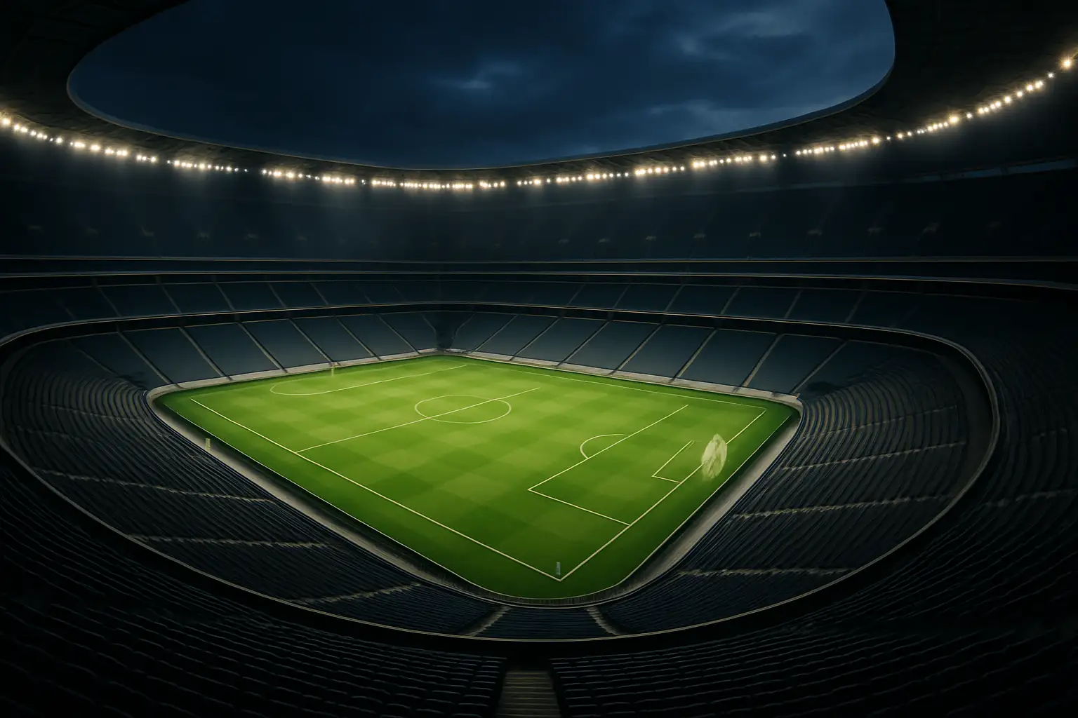 Empty stadium seats at a large football venue viewed from above before a major match