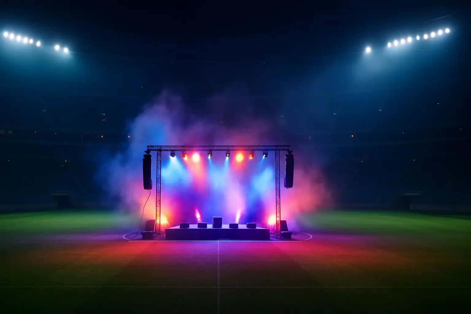 Colorful stage lights illuminate an empty football pitch during a half-time show setup at a large stadium
