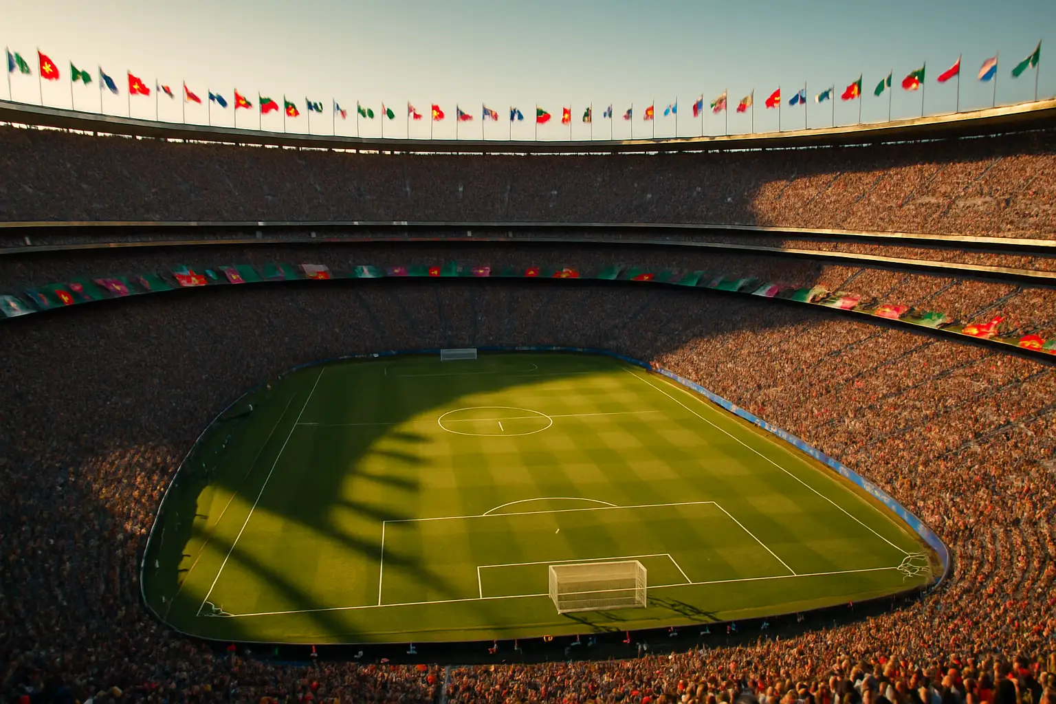 A large American football stadium transformed for a major international soccer match with a global crowd