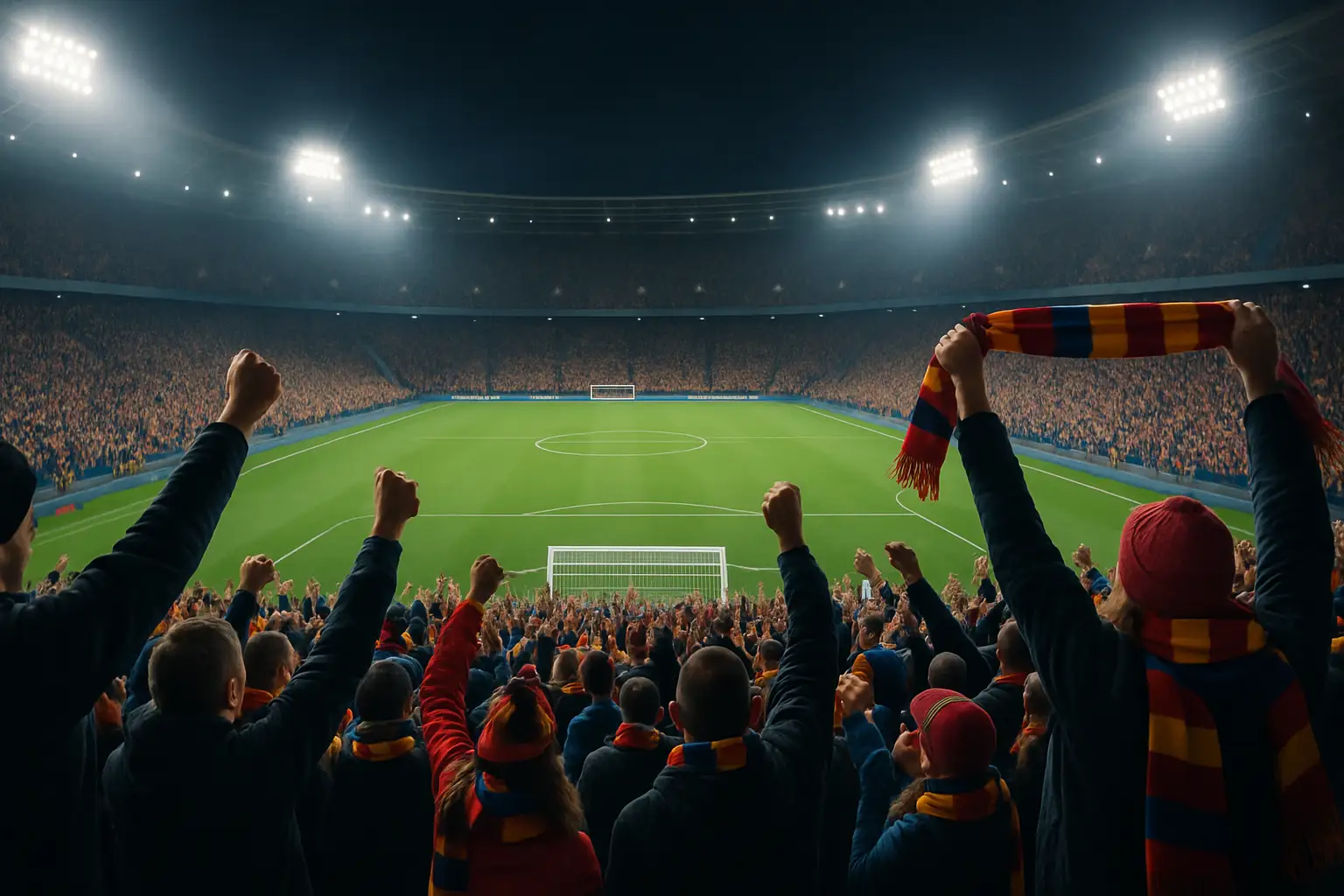 Angry football fans reacting in a packed stadium during a World Cup match