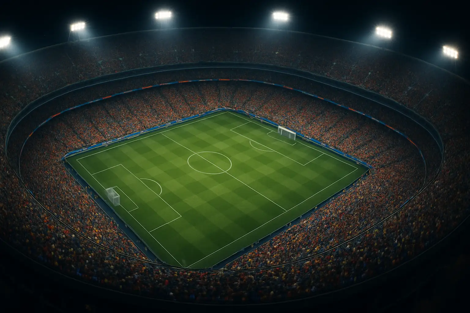 Wide aerial view of a packed soccer stadium during a major international tournament