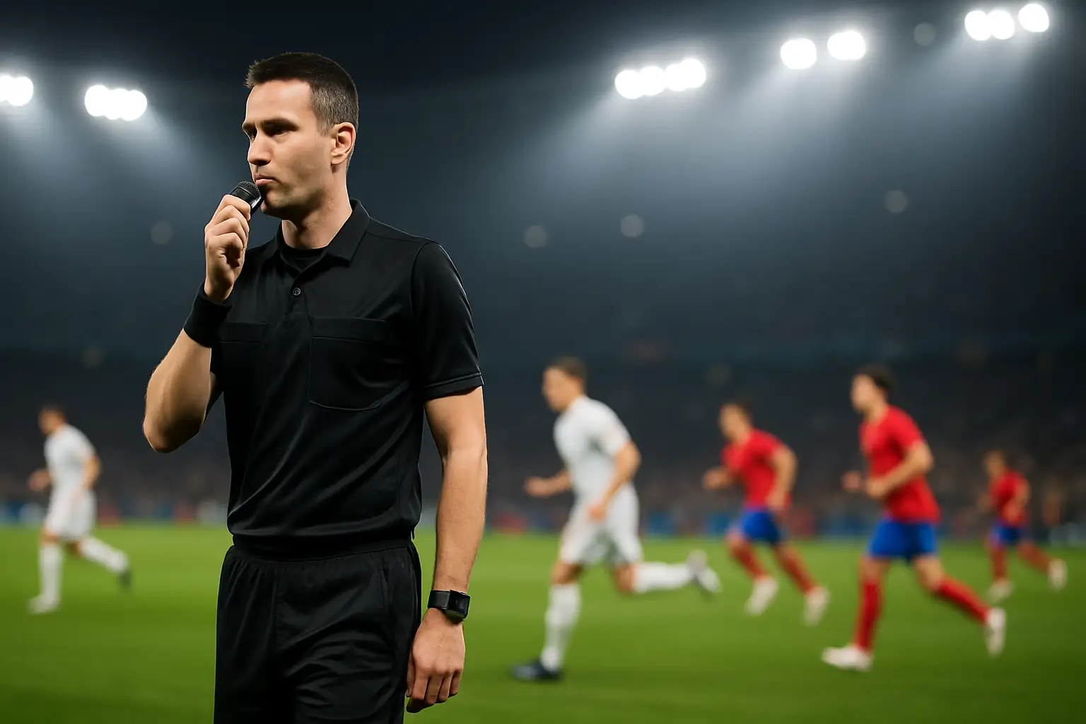 A football referee holding a whistle on a pitch during a major international match
