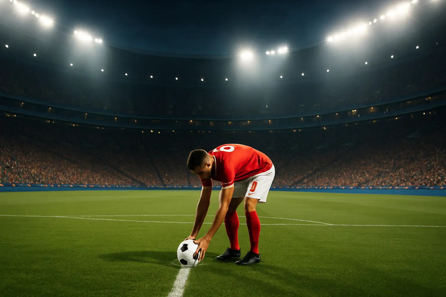 A footballer preparing to take a penalty kick in a packed World Cup stadium