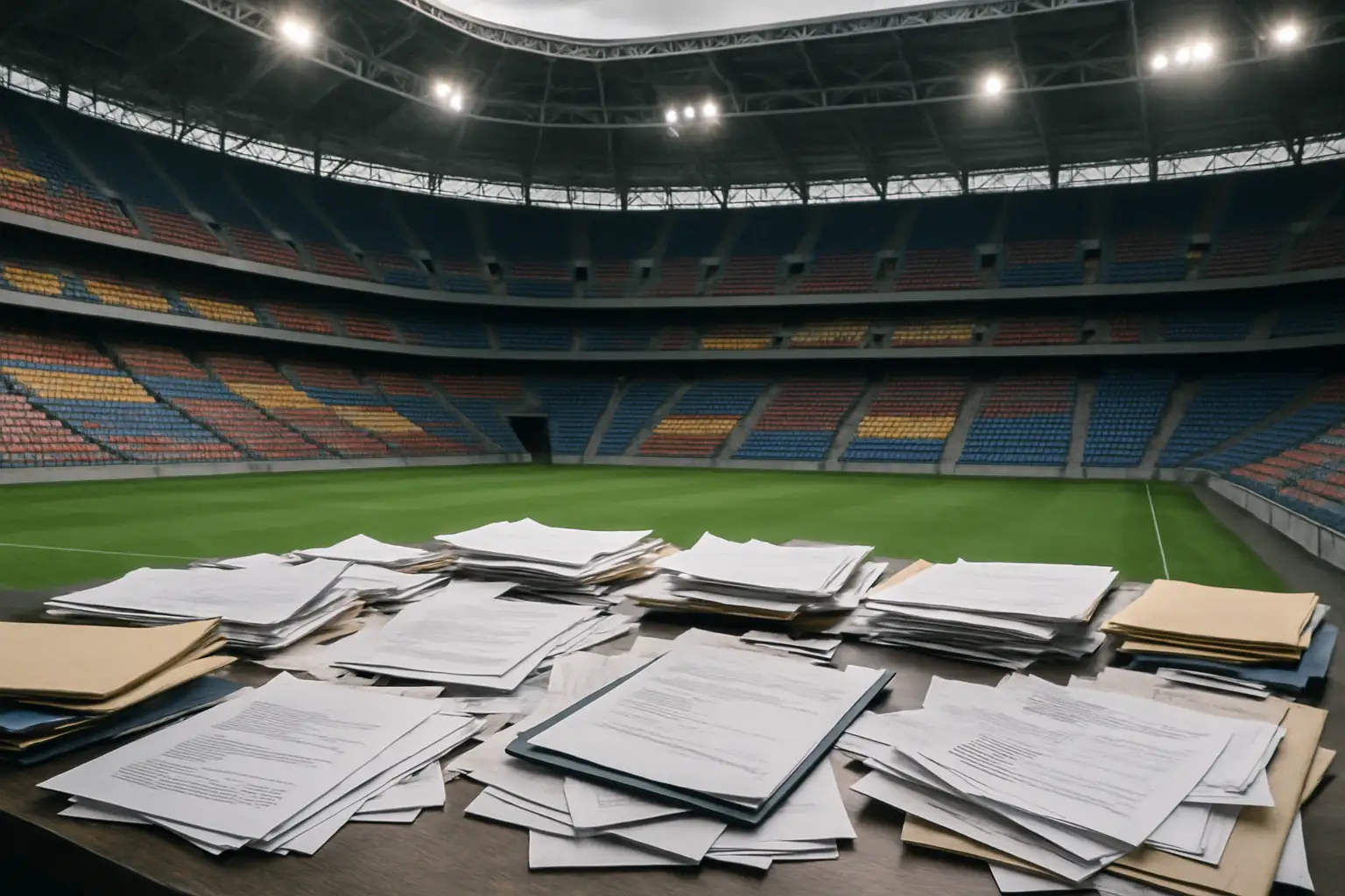A football stadium with empty seats and tangled paperwork scattered across a planning table in the foreground