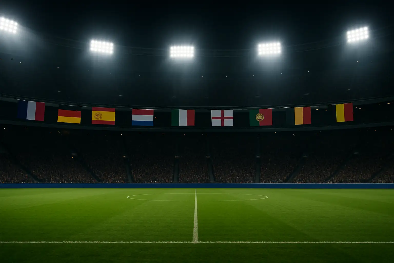 Eight national flags representing World Cup quarterfinal teams displayed on a stadium backdrop