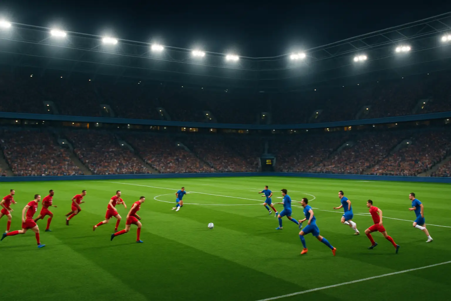 Soccer players competing in a World Cup knockout stage match inside a packed stadium