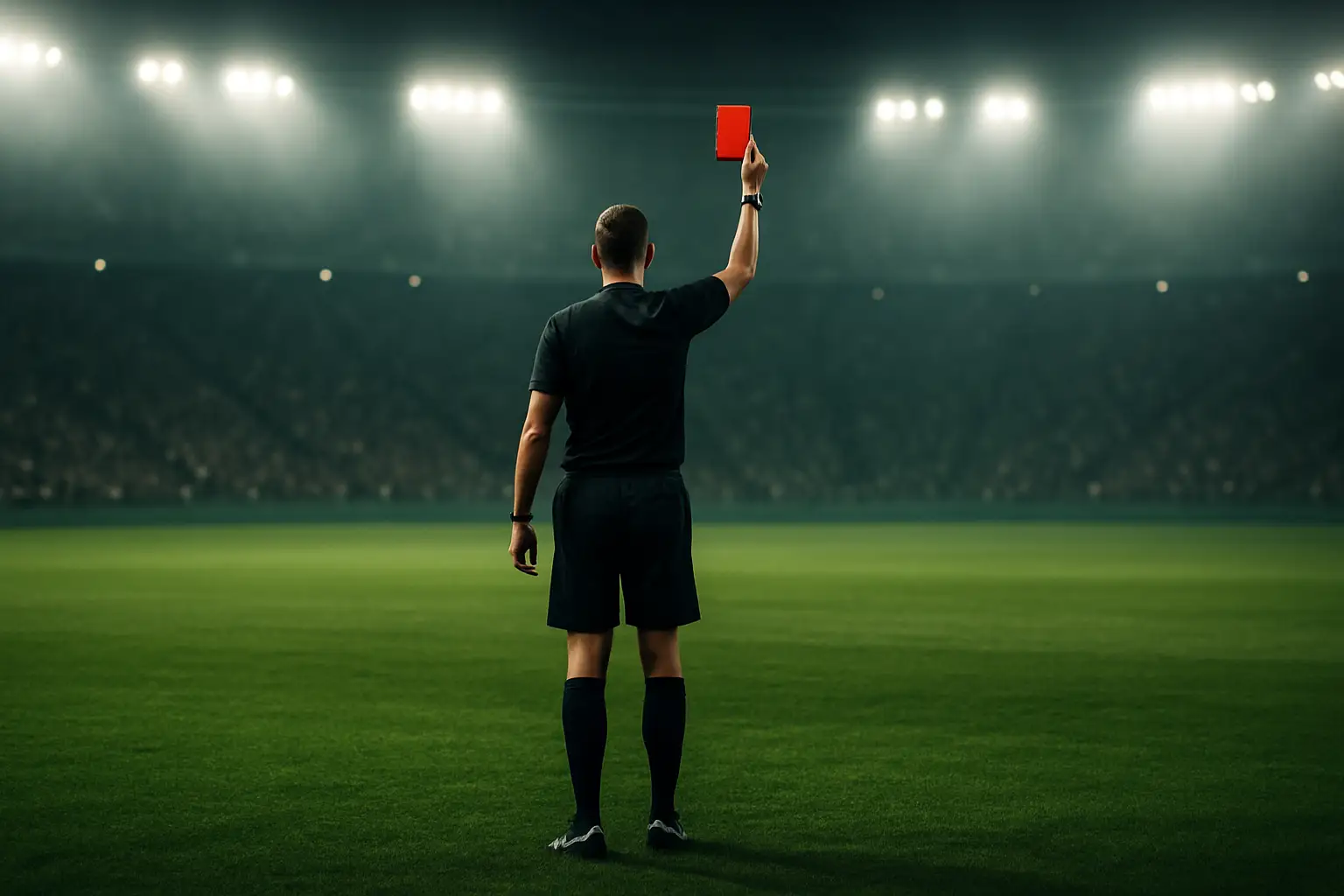 A referee holding up a red card on a football pitch during a high-stakes international match