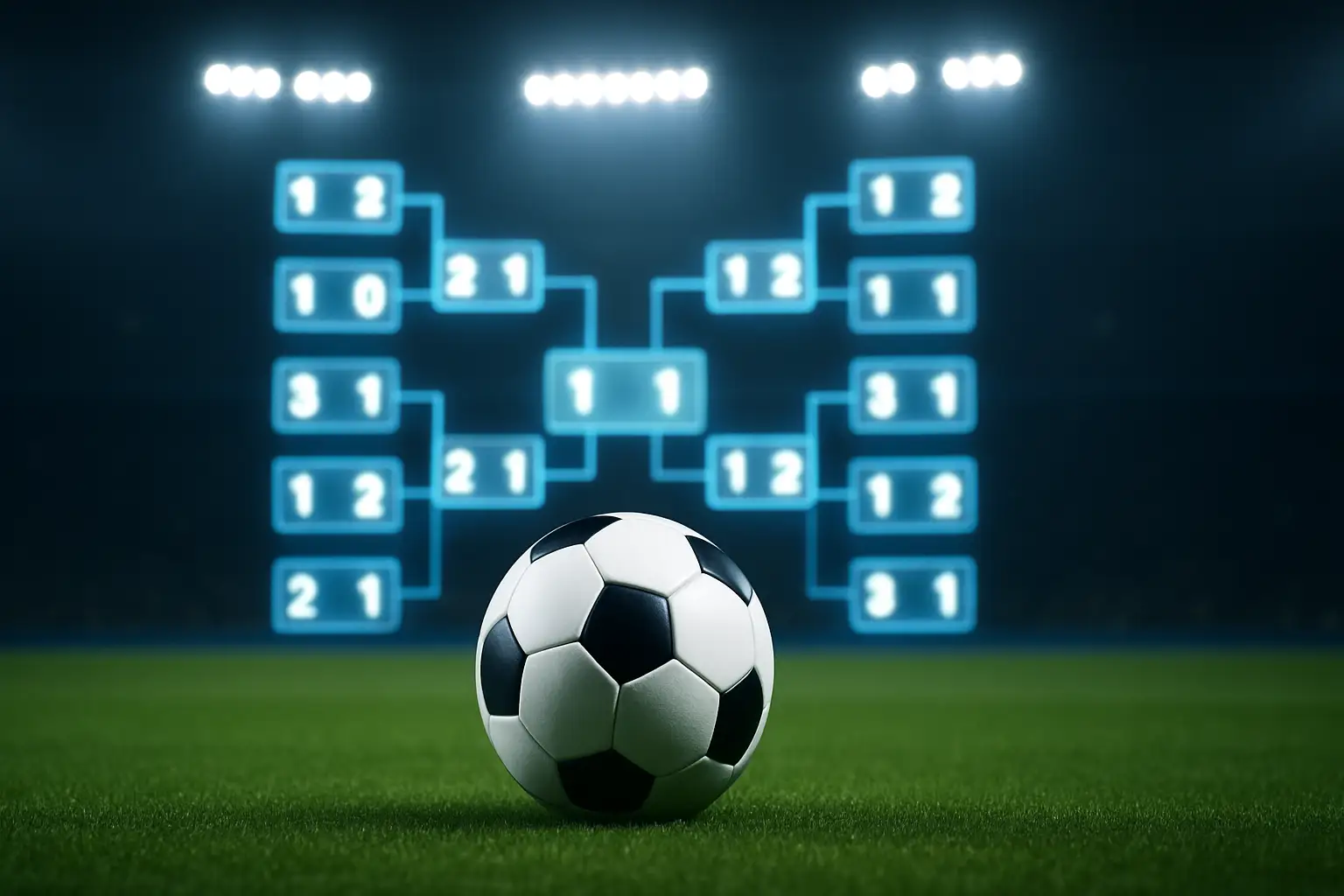 Soccer ball resting on a tournament bracket diagram with group tables visible on a screen in the background