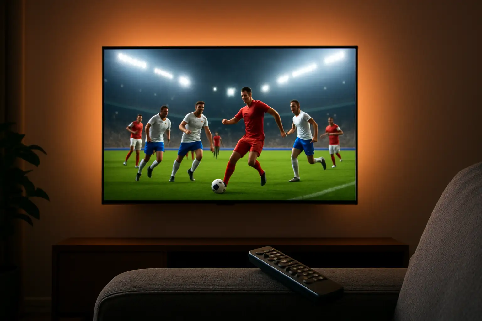 A television screen displaying a live football match broadcast with streaming platform icons visible around it