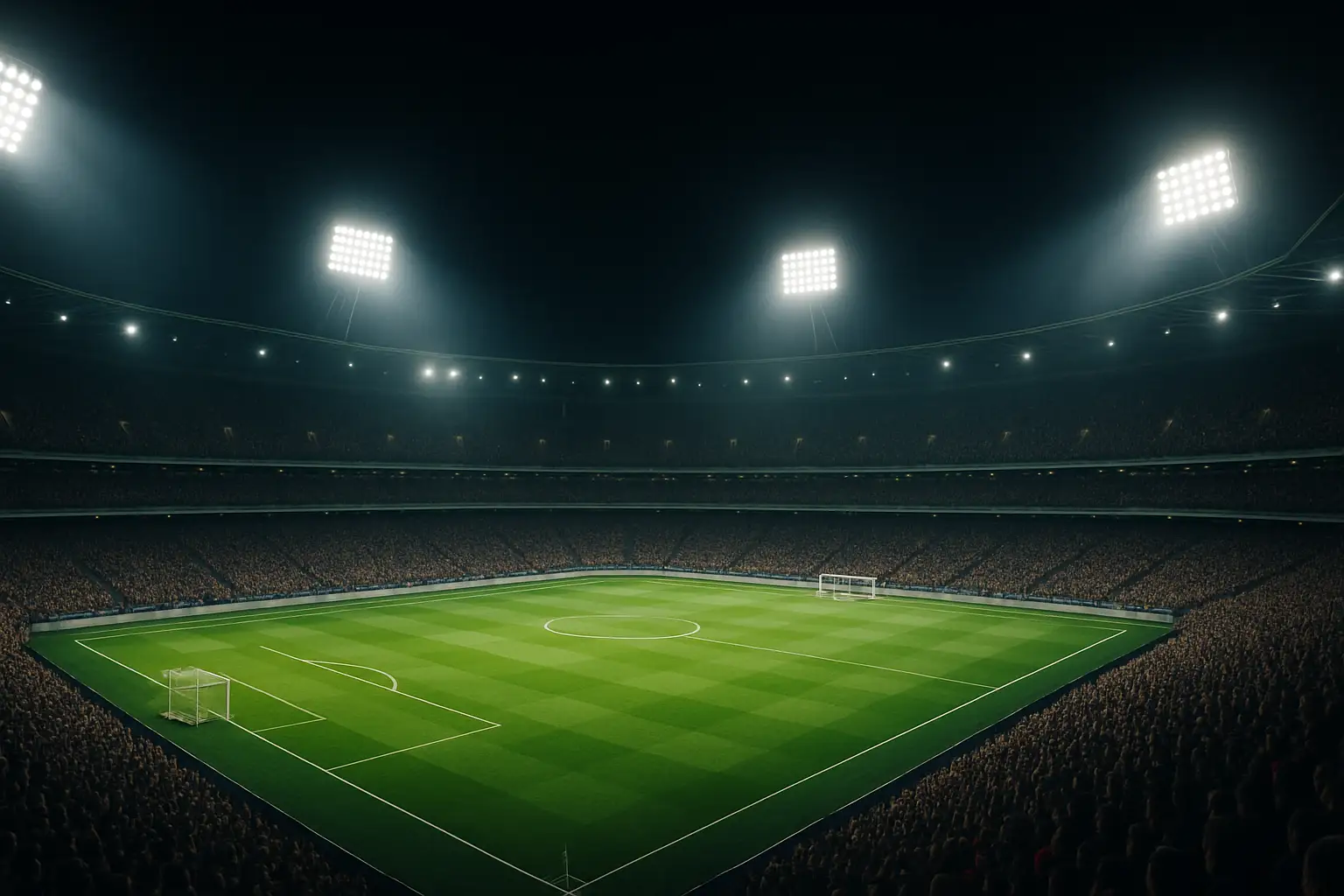 Football stadium at night lit up during a World Cup knockout stage match