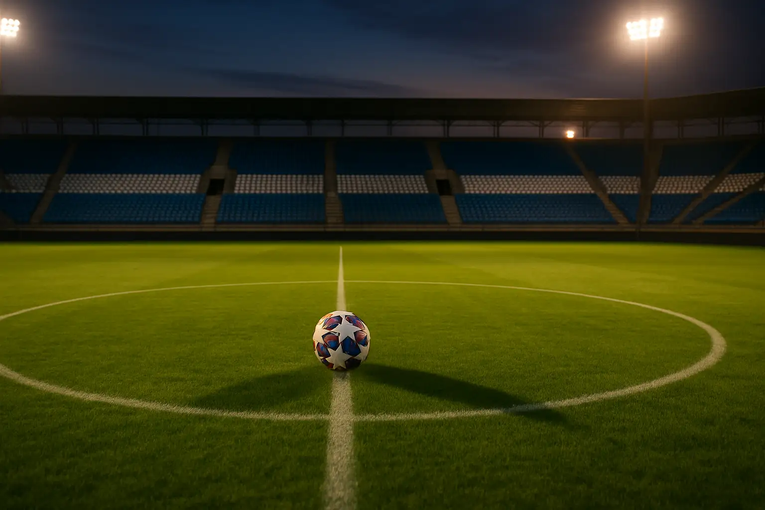 A football pitch in Argentina with official match balls lined up near the center circle before kickoff