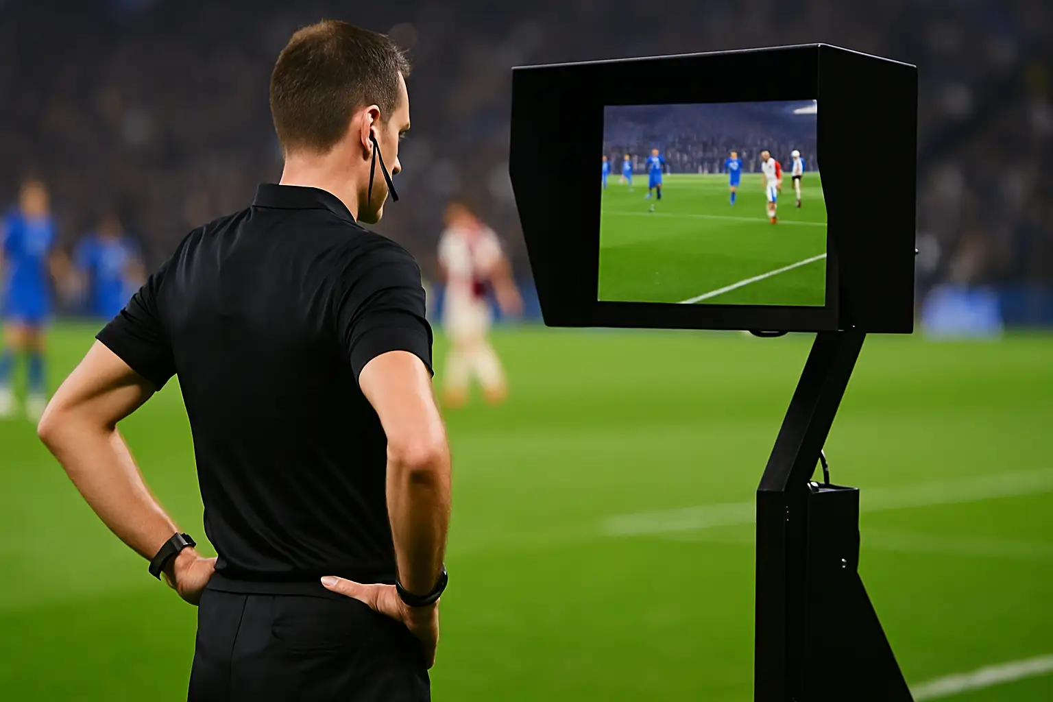 Referee reviewing a VAR decision on a pitchside monitor during a football match