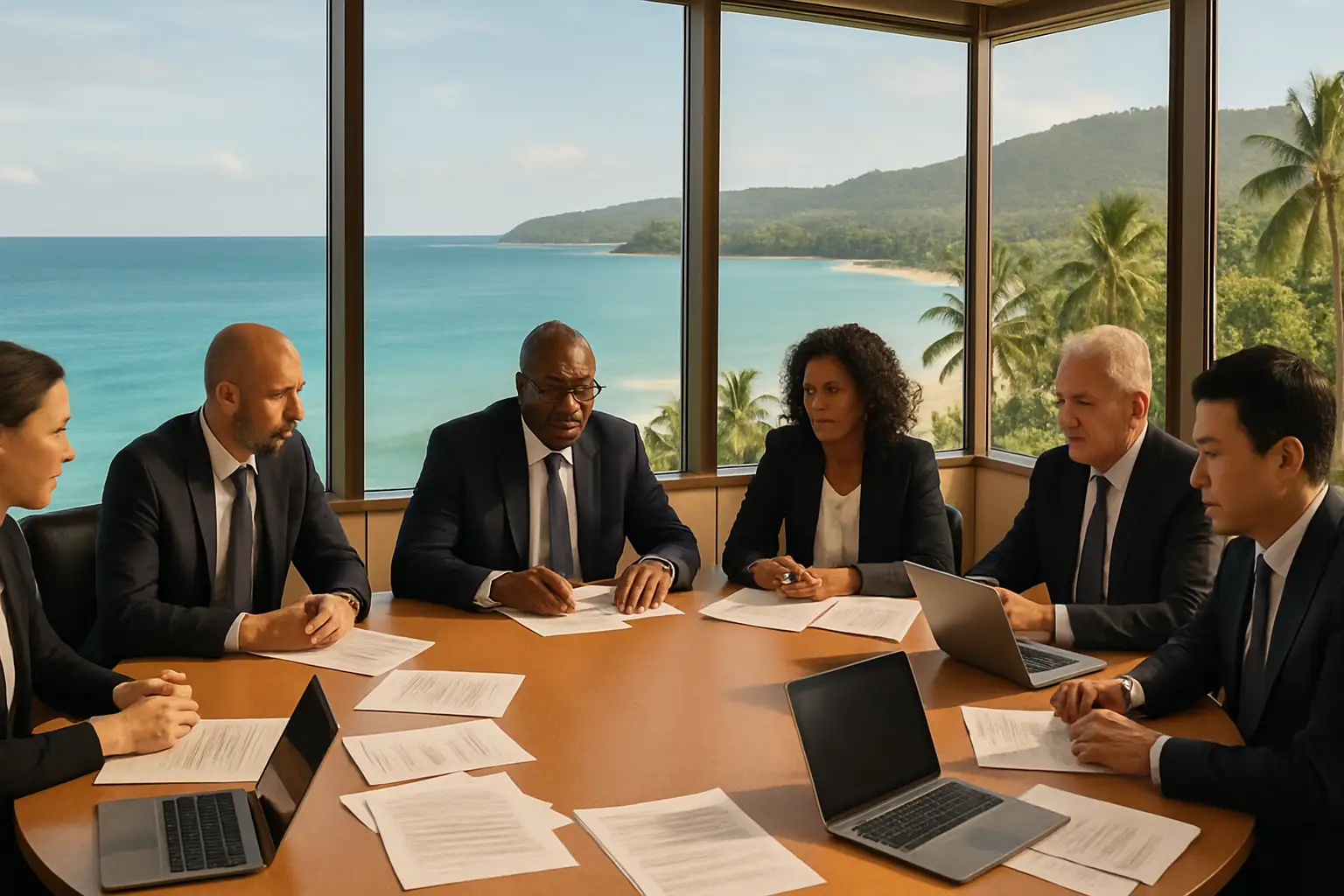 Football officials gathered around a conference table discussing governance documents with a Pacific island backdrop visible through large windows