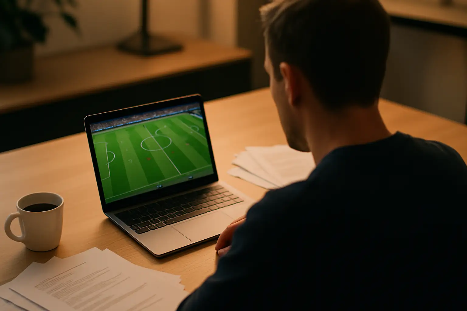 Football fan watching a match on a laptop at a work desk with a coffee cup nearby