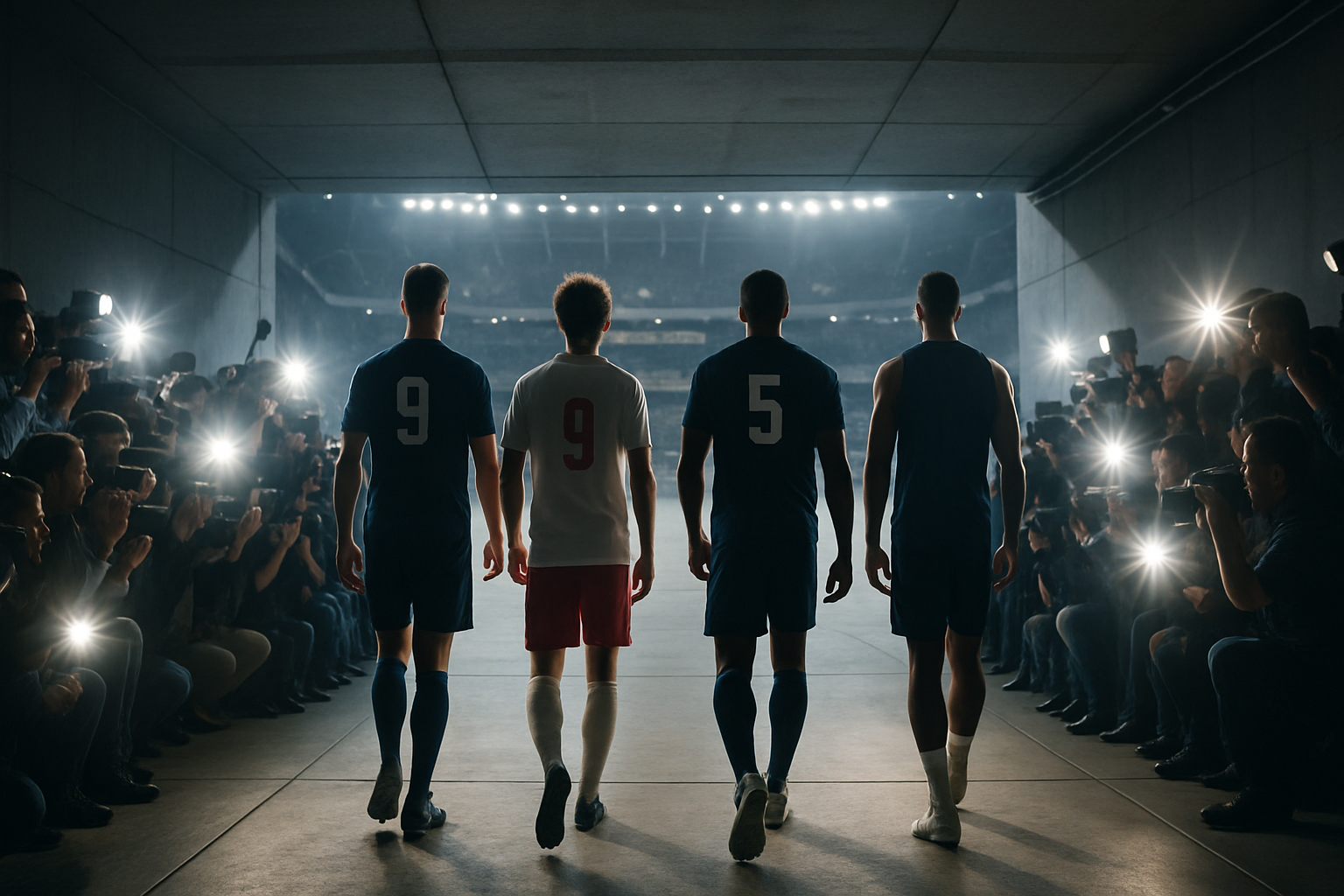 Football players walking through a brightly lit stadium tunnel surrounded by cameras and media attention