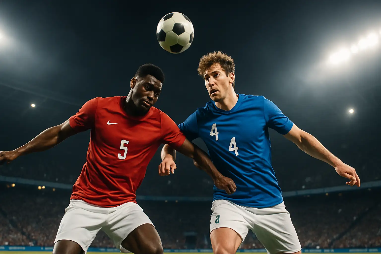 Two football players competing for the ball during an international match under stadium lights