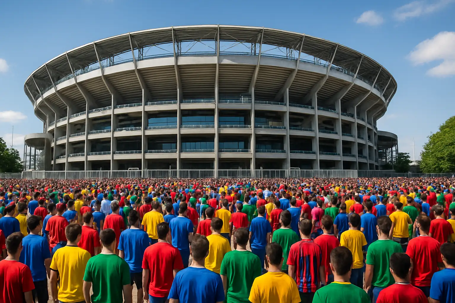 Crowds of football fans queuing outside a large stadium on a sunny day