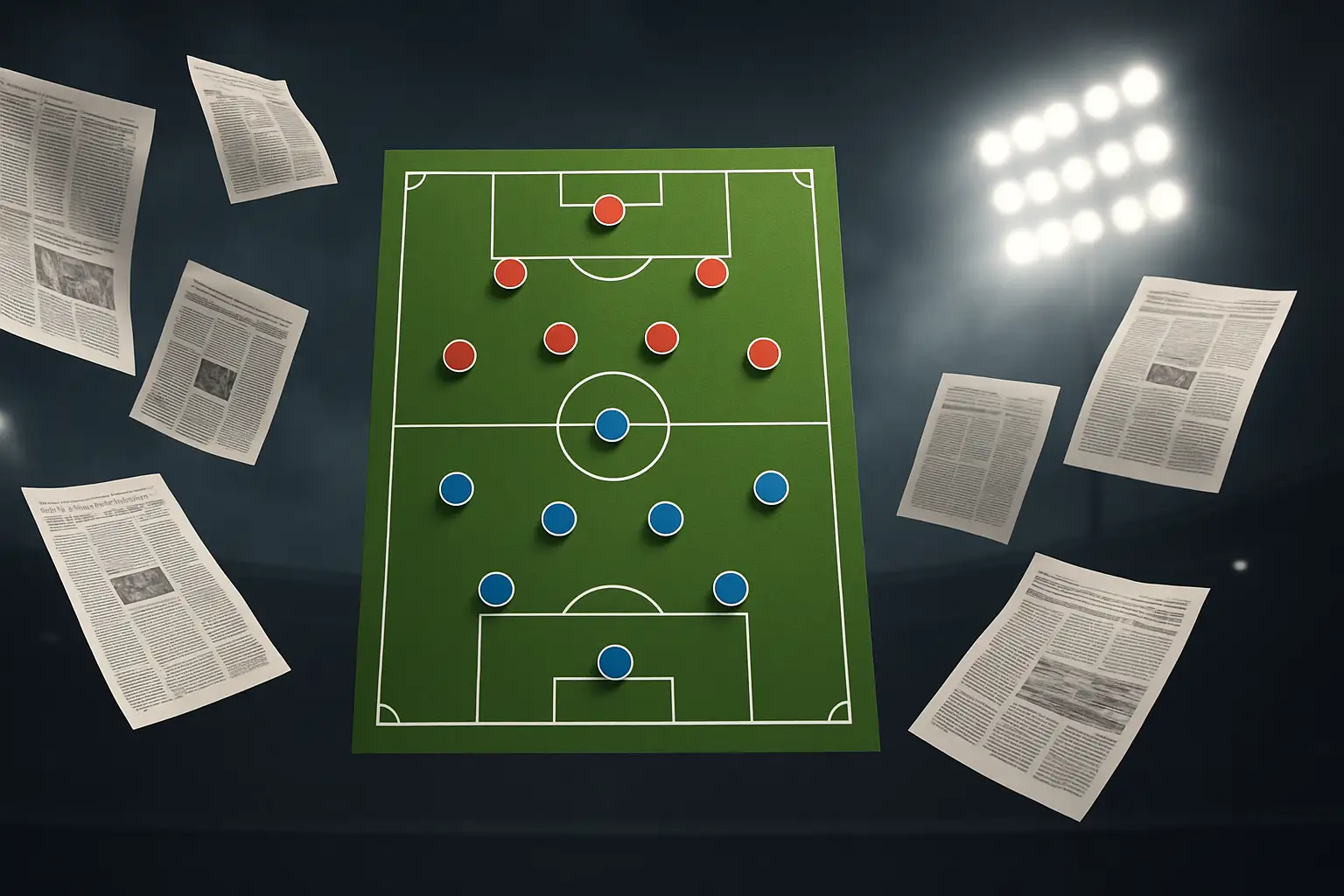 A football pitch with two contrasting playing styles illustrated by formation diagrams and a globe surrounded by newspaper front pages