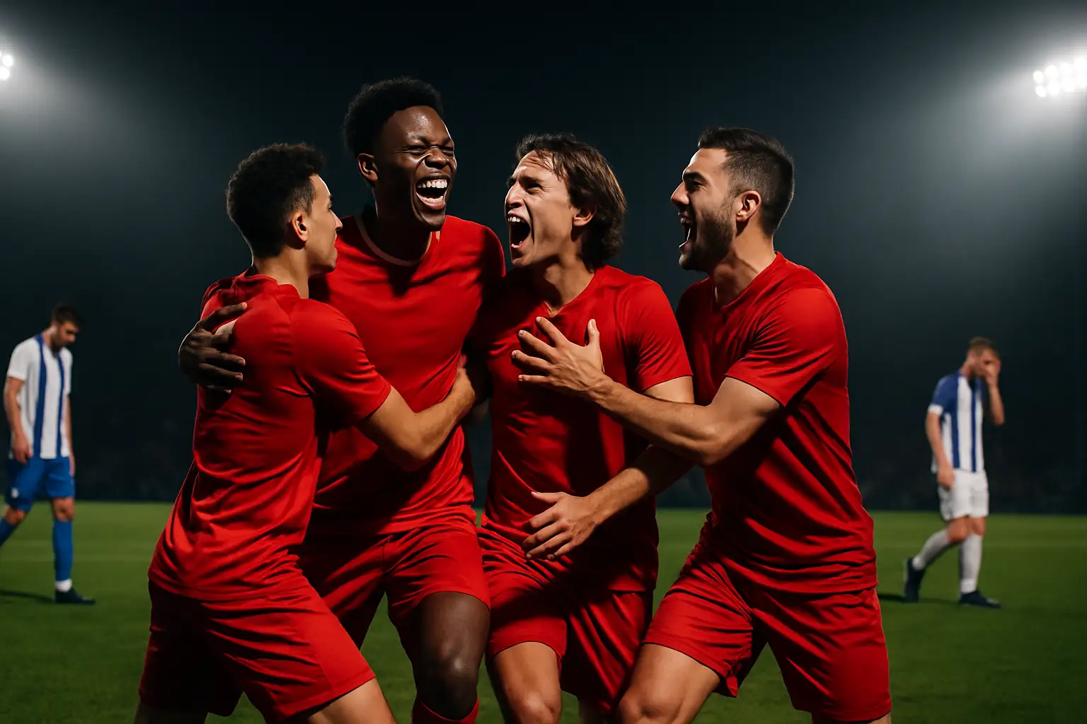 Spain football players celebrating a tactical victory on the pitch
