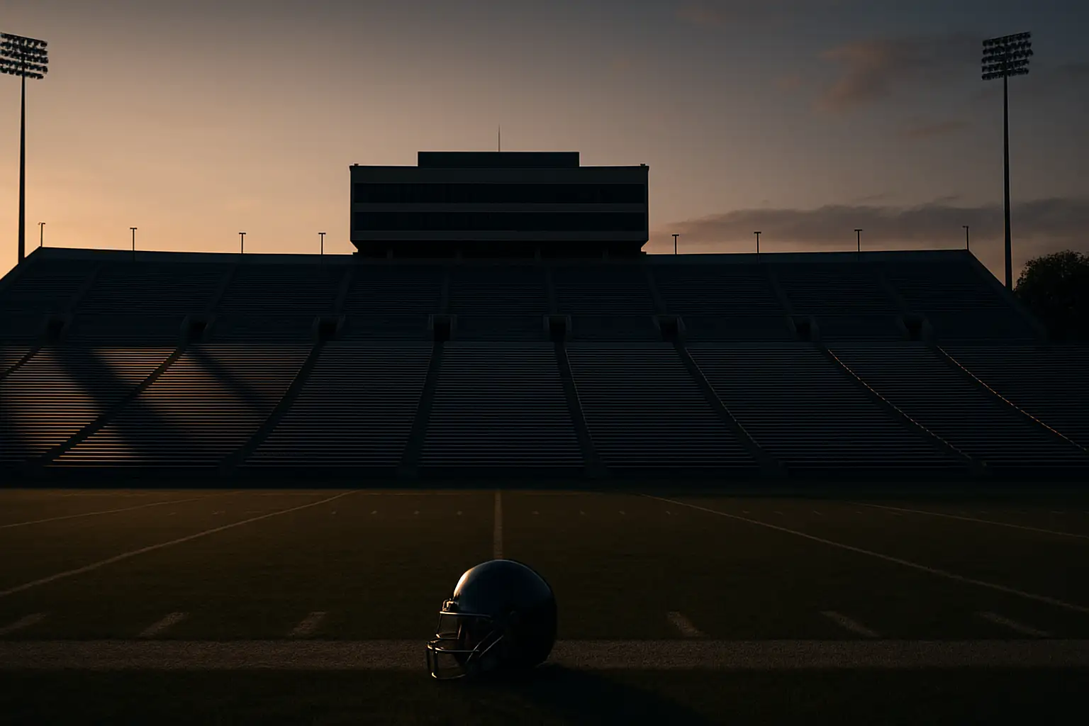 Empty college football stadium with sunlight filtering through the stands
