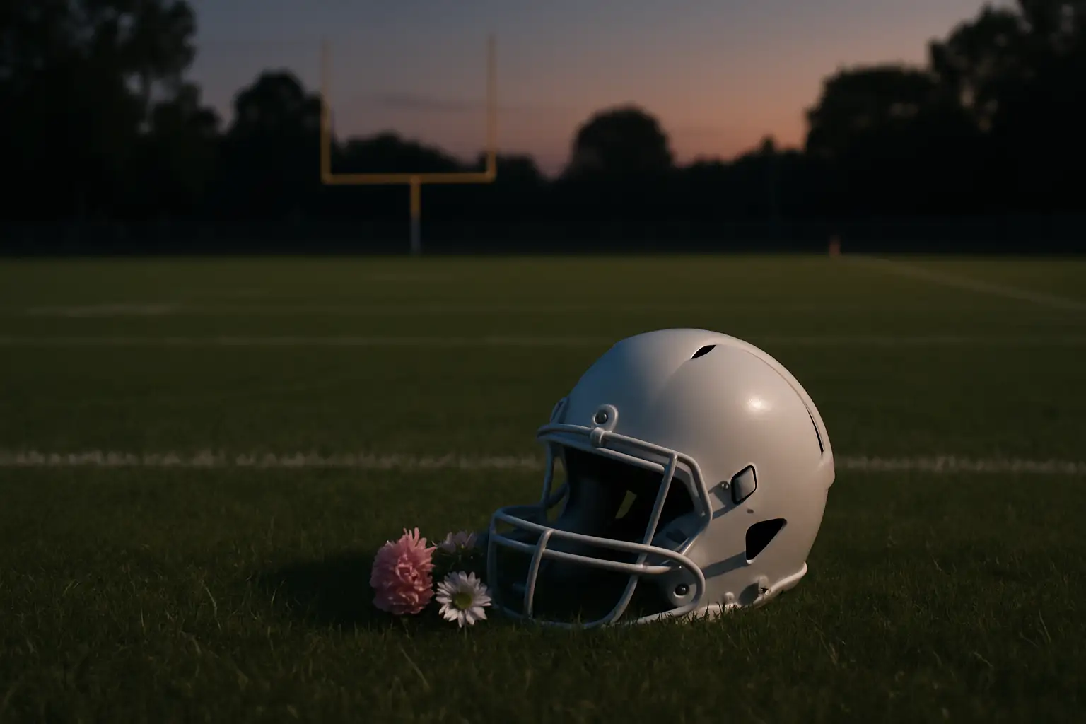 Empty youth football field at dusk with a helmet and flowers placed at the sideline in tribute