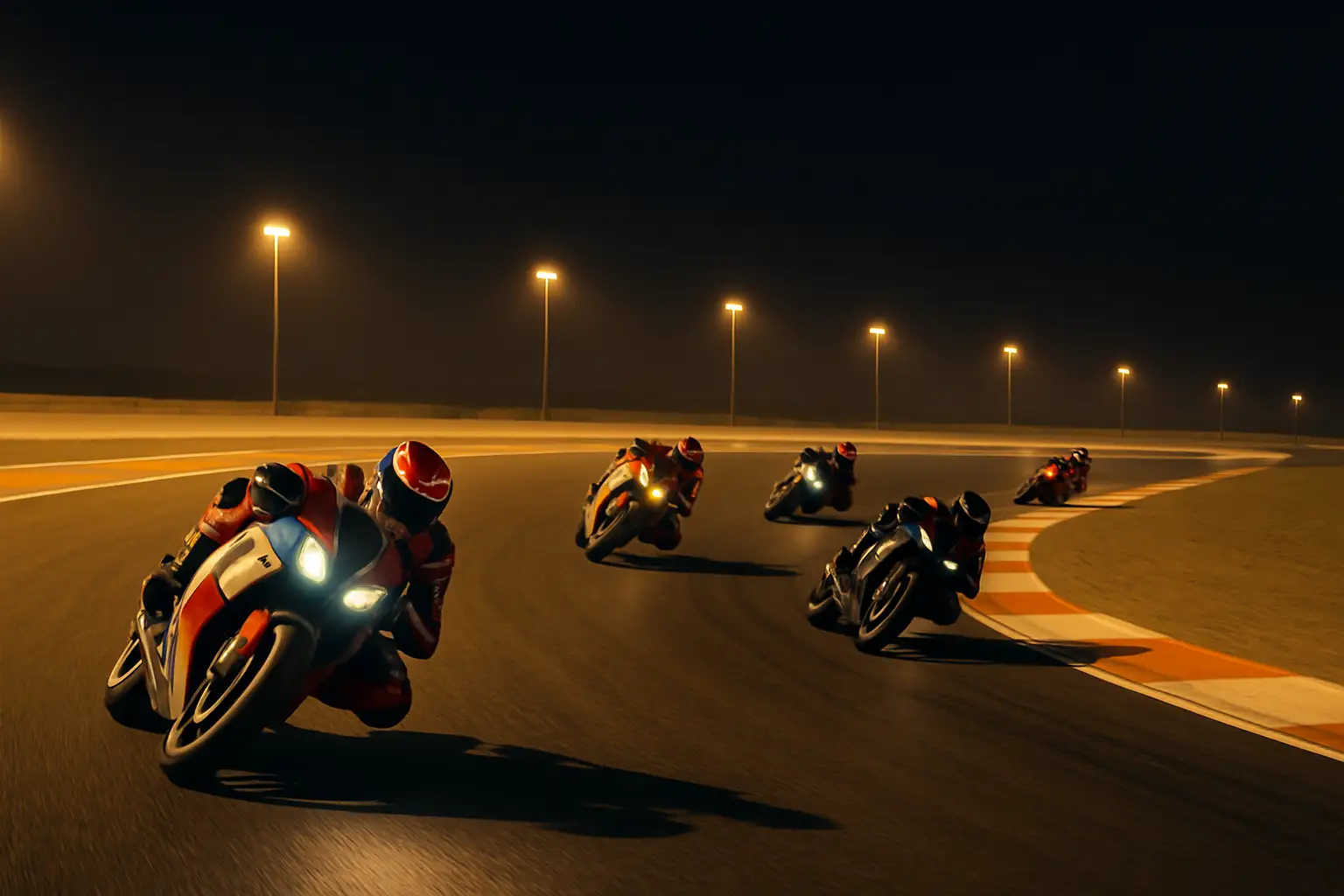 MotoGP motorcycles racing at night on the Losail International Circuit in Qatar