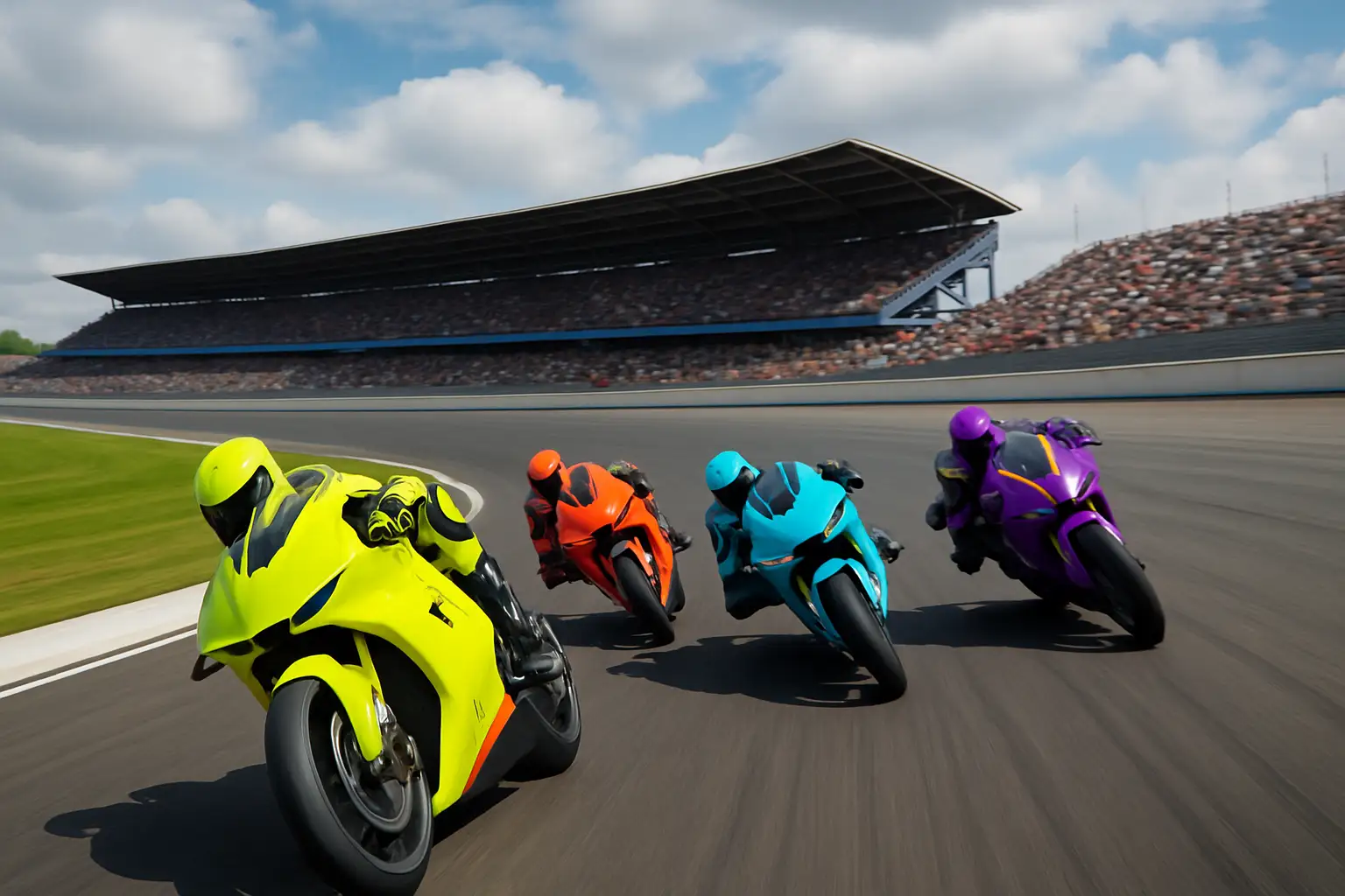 MotoGP motorcycles racing through the fast corners of the Assen TT Circuit in the Netherlands