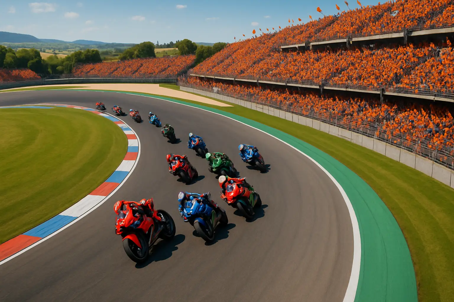 MotoGP riders racing through the fast corners of TT Circuit Assen during the 2017 Dutch Grand Prix