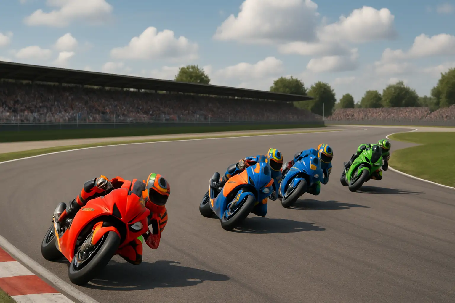 MotoGP riders competing through a tight left-hand corner at the Sachsenring circuit during the German GP