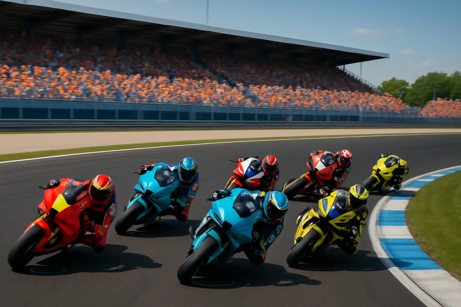 MotoGP bikes racing through the fast corners of the TT Circuit Assen during the 2025 Dutch Grand Prix