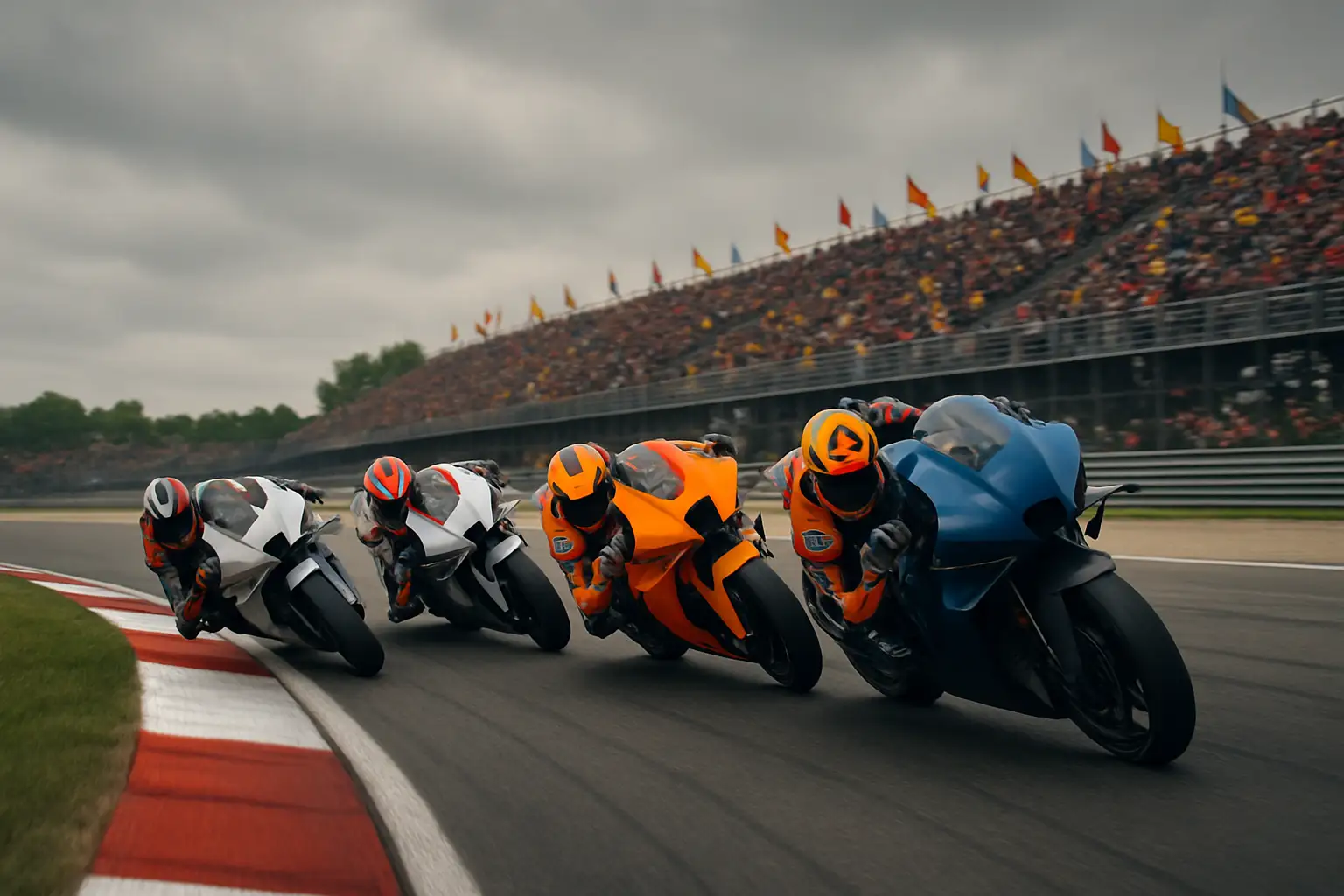 MotoGP bikes racing through a wet European circuit at dusk with grandstands packed with fans