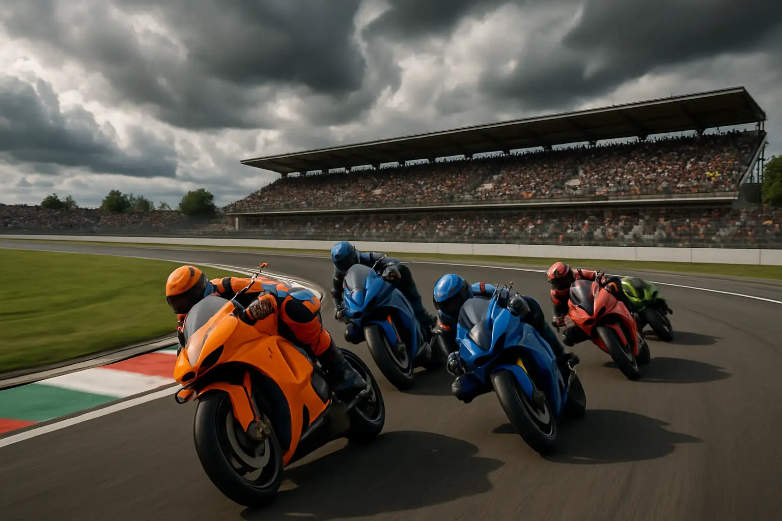 MotoGP bikes racing through a circuit on a dramatic overcast day