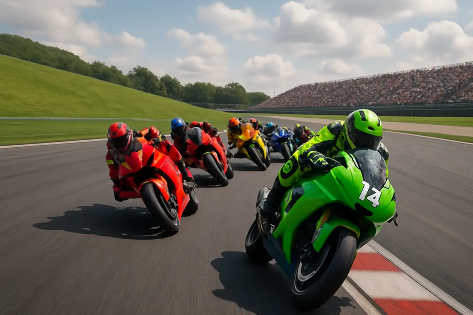 MotoGP riders racing through the sweeping corners of the Sachsenring during the 2025 German GP