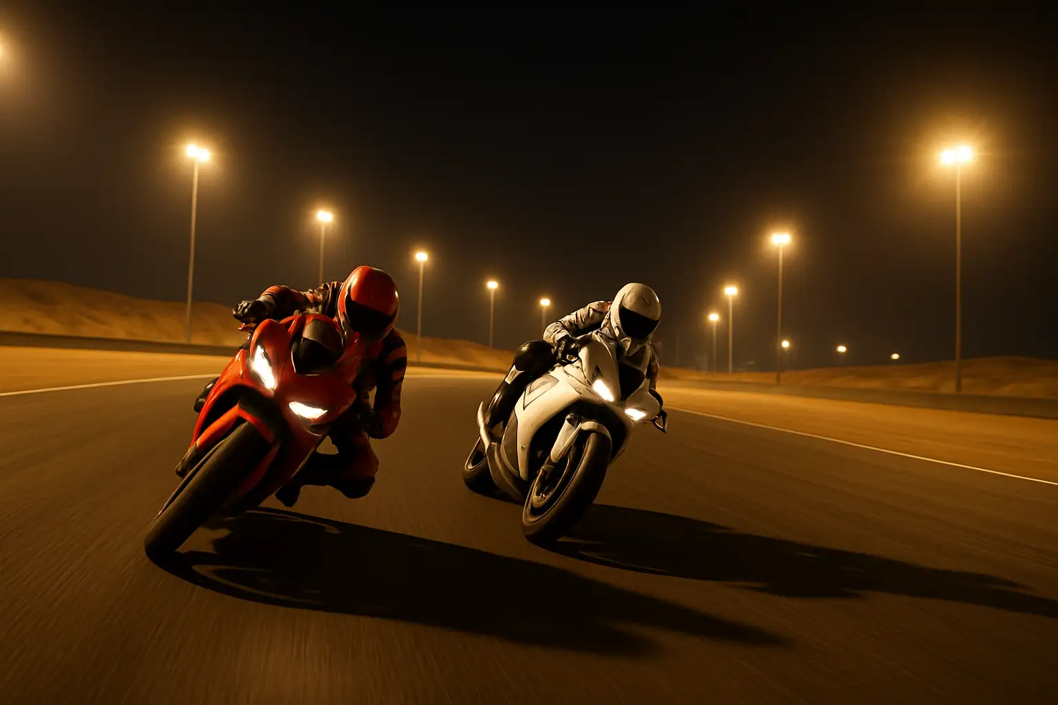 MotoGP riders battling under floodlights at the Qatar Grand Prix circuit