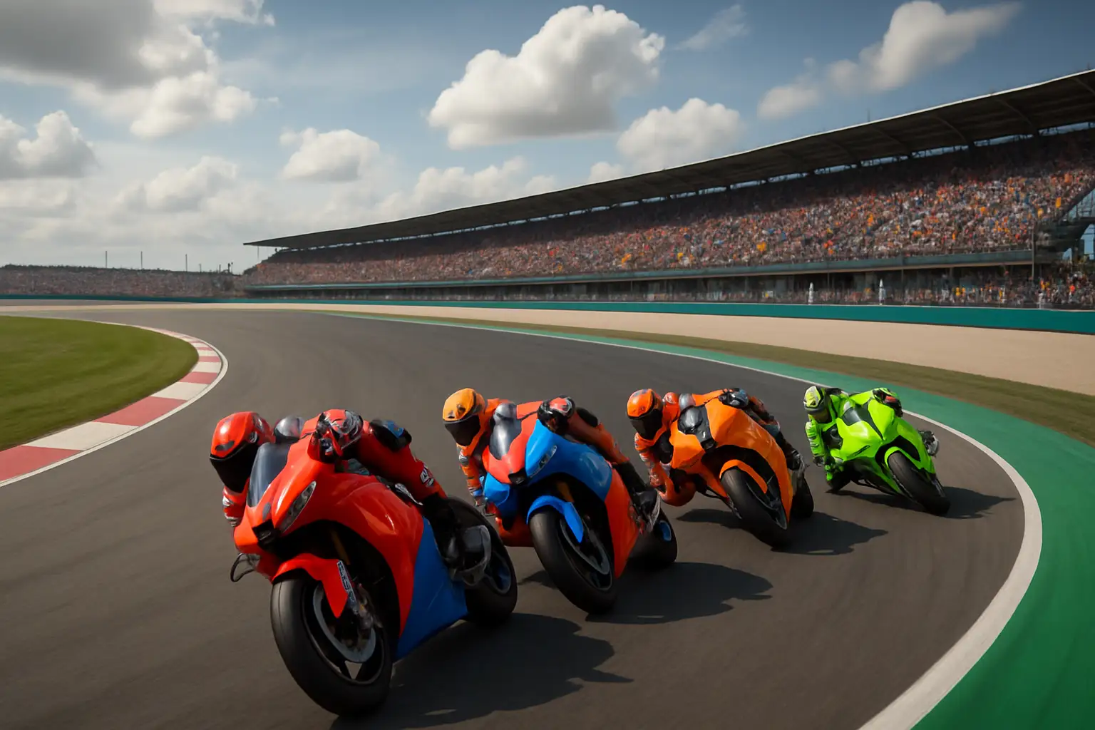 MotoGP riders racing at high speed through a sweeping corner at a modern Grand Prix circuit